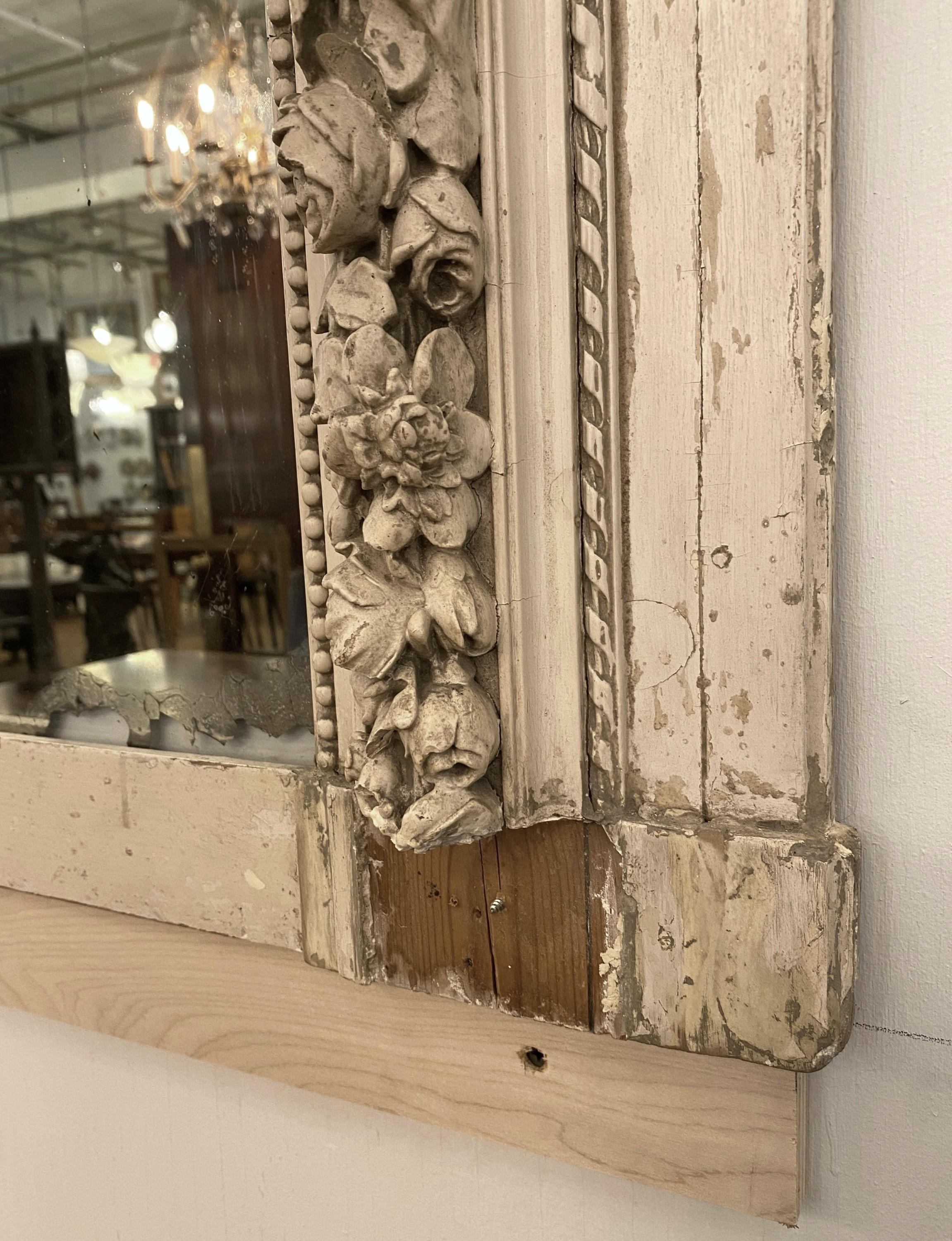 Antique 1890s French Trumeau White Wood Mantel Mirror For Sale 5