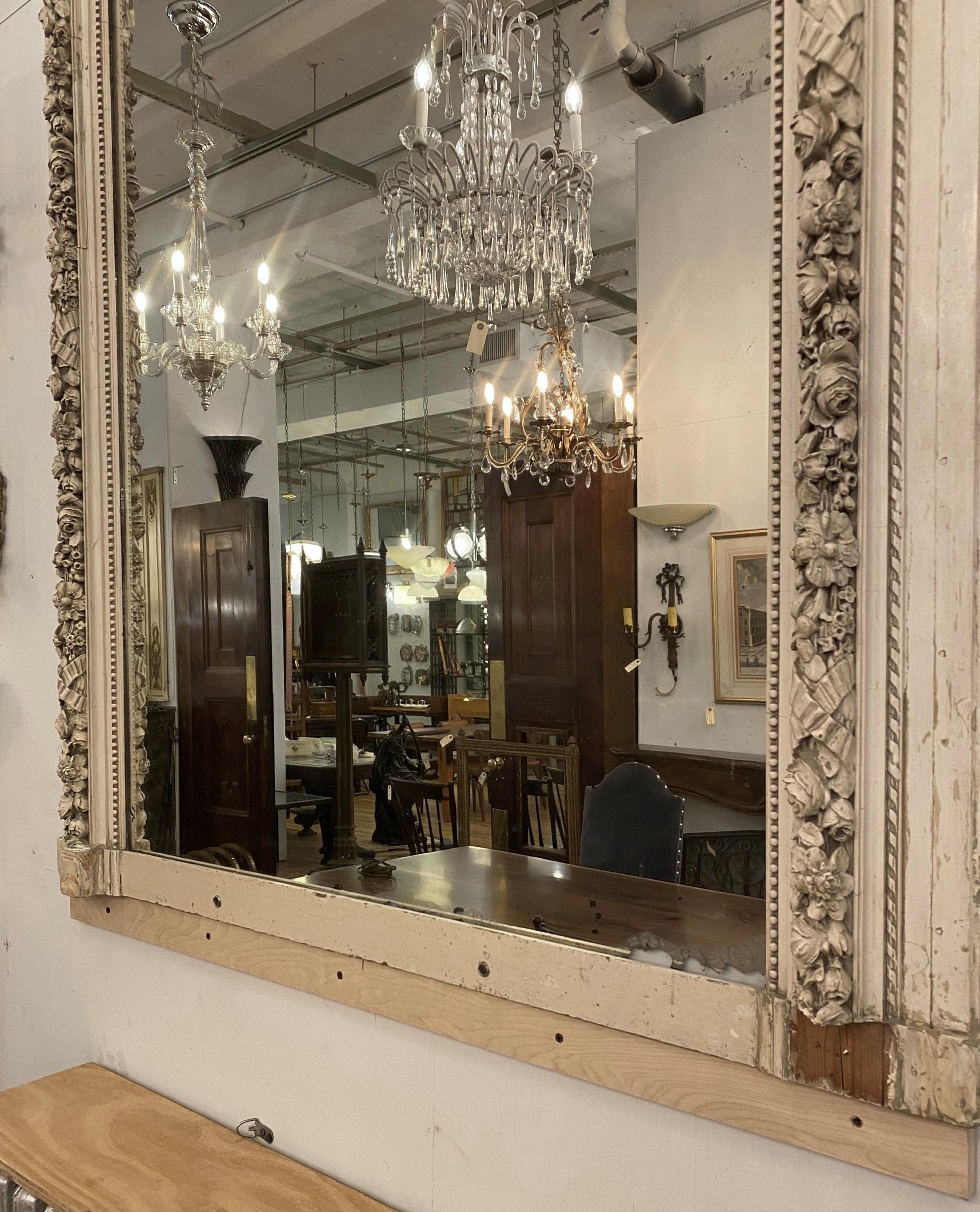 Antique 1890s French Trumeau White Wood Mantel Mirror For Sale 7
