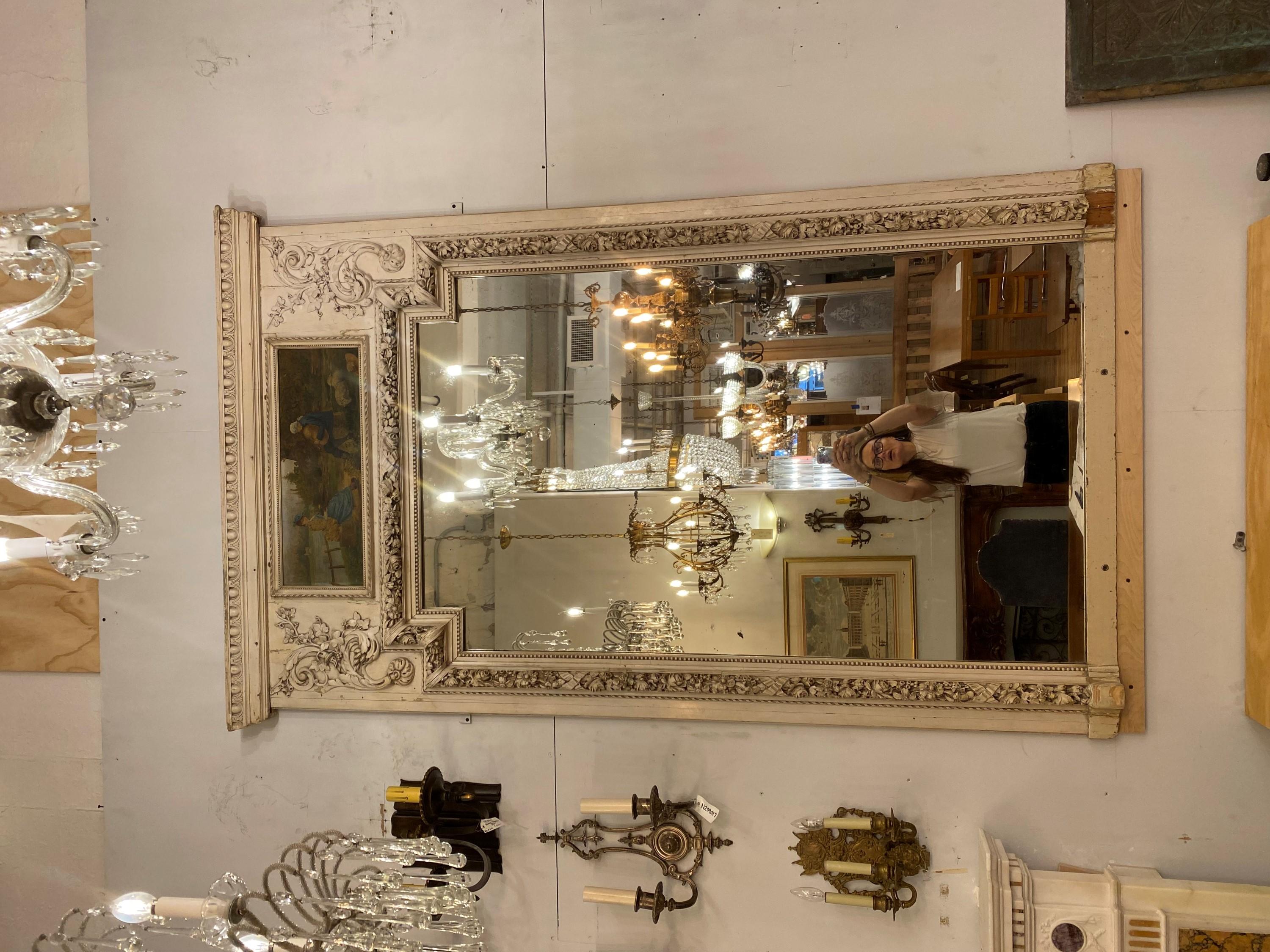 Antique 1890s French Trumeau White Wood Mantel Mirror In Good Condition For Sale In New York, NY
