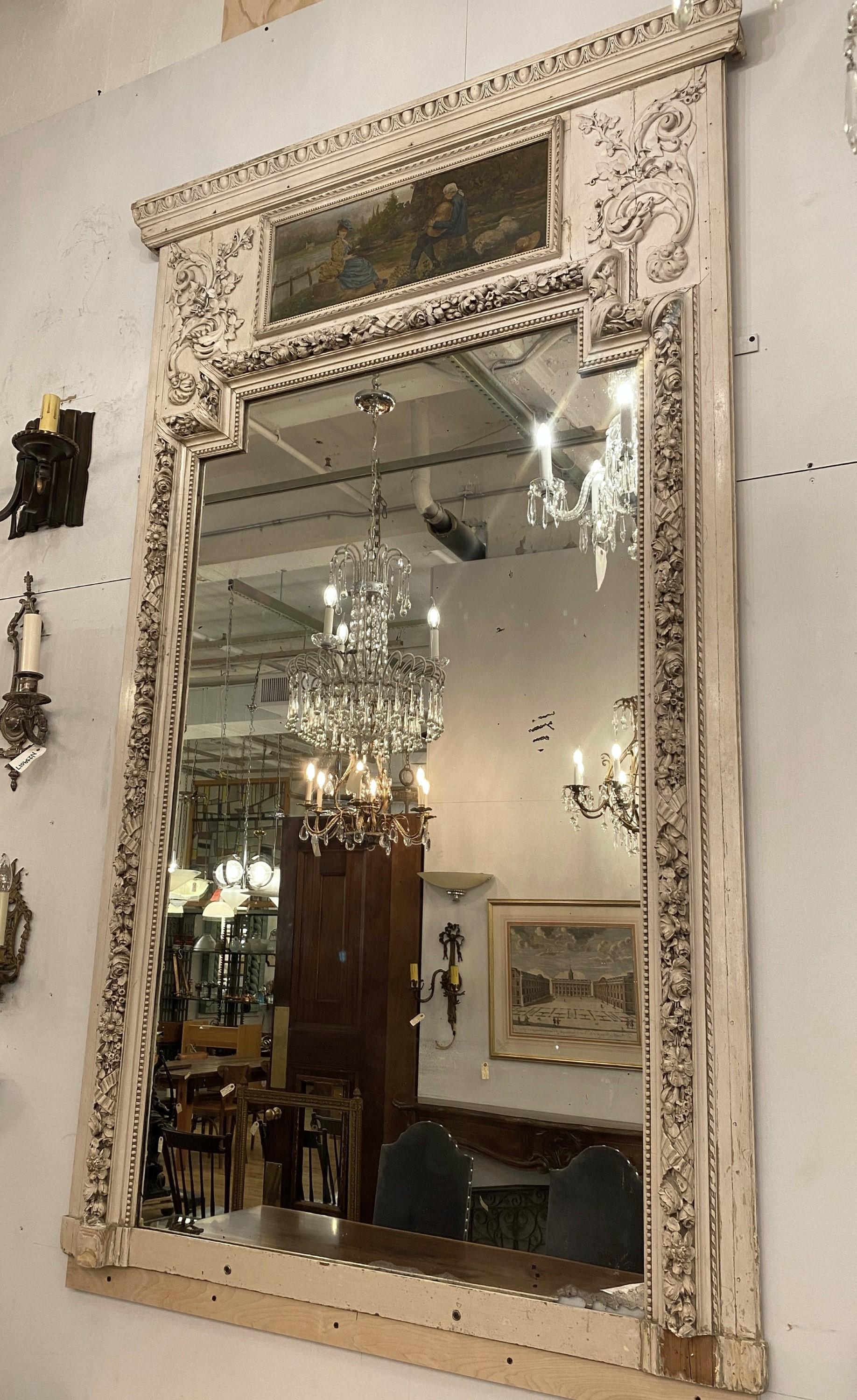 Late 19th Century Antique 1890s French Trumeau White Wood Mantel Mirror For Sale