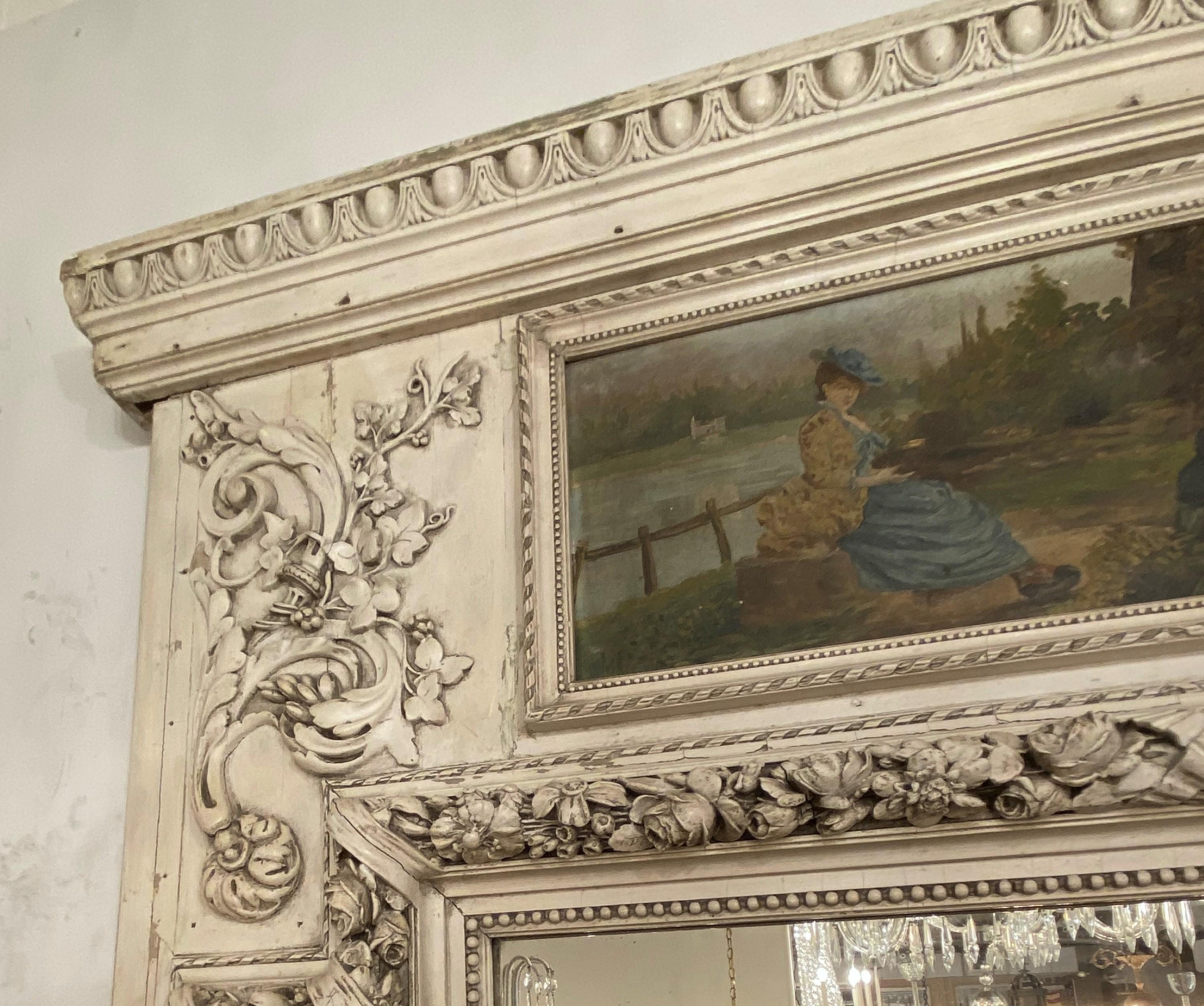 Antike 1890er Französisch Trumeau Weiß Holz Kaminsims-Spiegel im Angebot 2