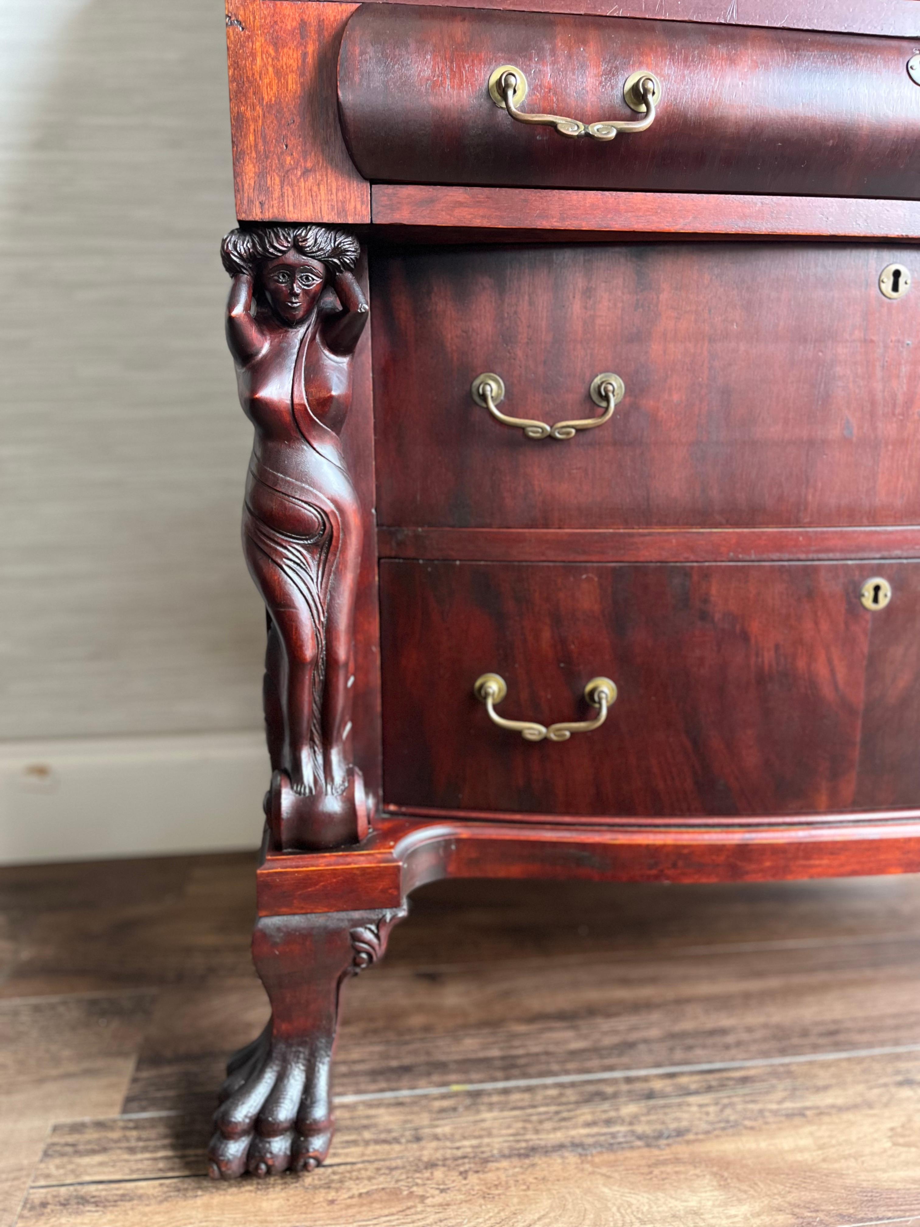 Antique 1890s Italian Mahogany Secretary Desk with Caryatid Carvings & Paw Feet In Good Condition For Sale In Portsmouth, VA