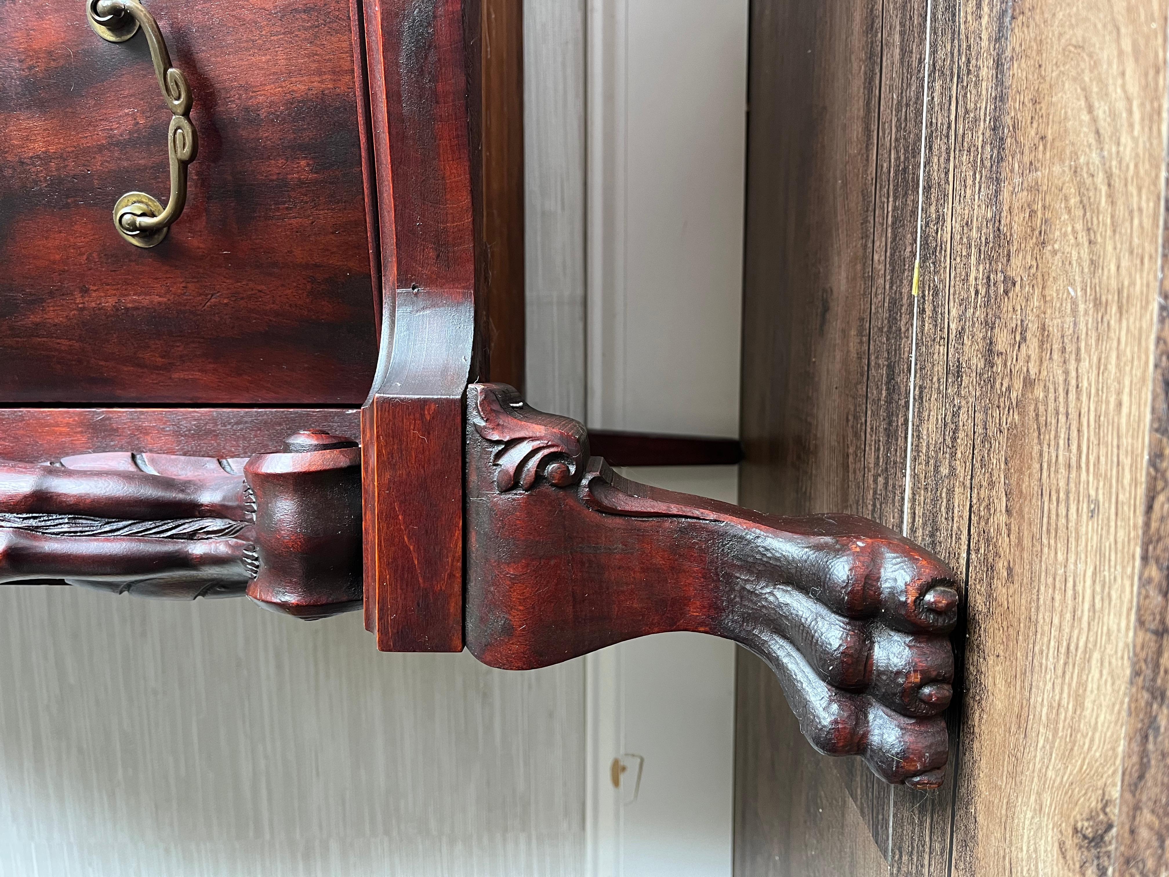 Antique 1890s Italian Mahogany Secretary Desk with Caryatid Carvings & Paw Feet For Sale 1