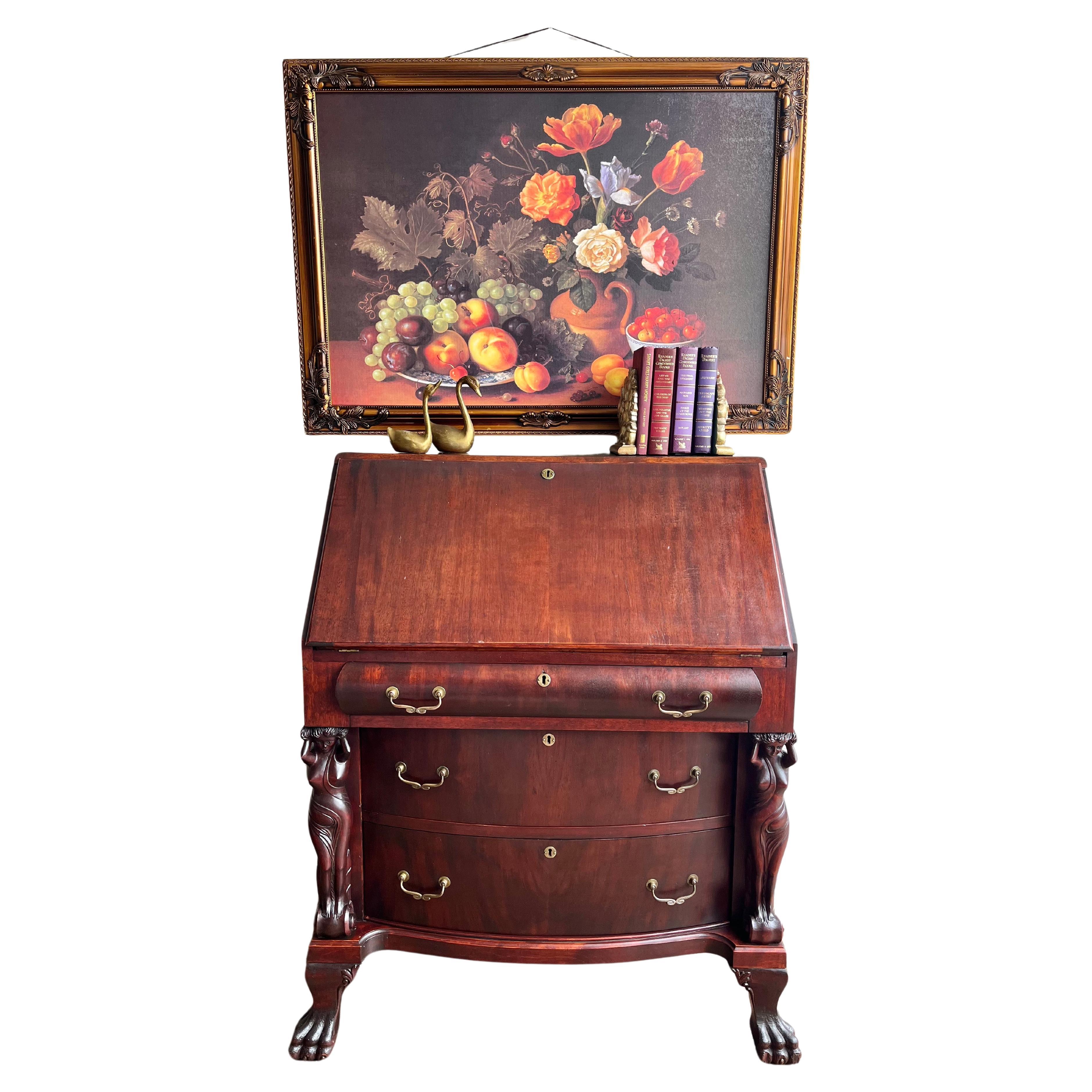 Antique 1890s Italian Neoclassical Style Carytid Paw Foot Secretary Desk For Sale