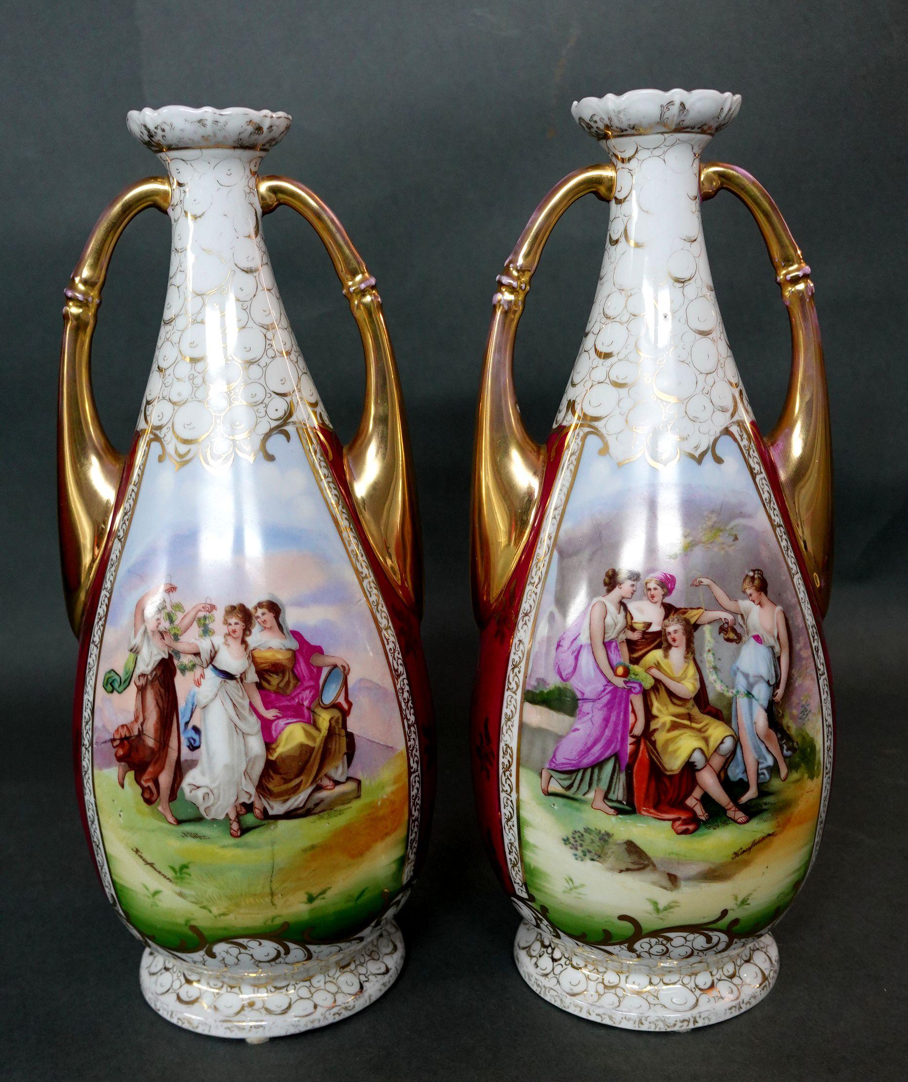 Porcelain Antique 1890s Pair of Amorous Victoria Austria Vase 