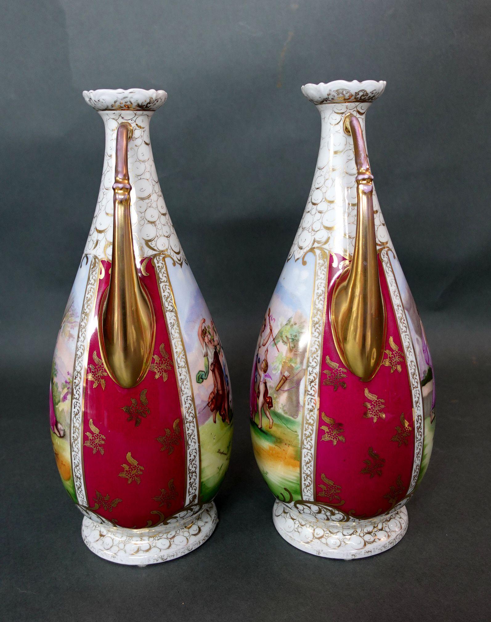 Hand-Painted Antique 1890s Pair of Amorous Victoria Austria Vase 