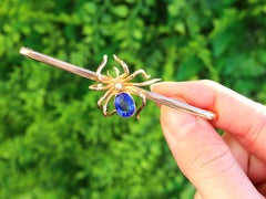 Victorian Pearl and Blue Colored Glass Yellow Gold Spider Brooch