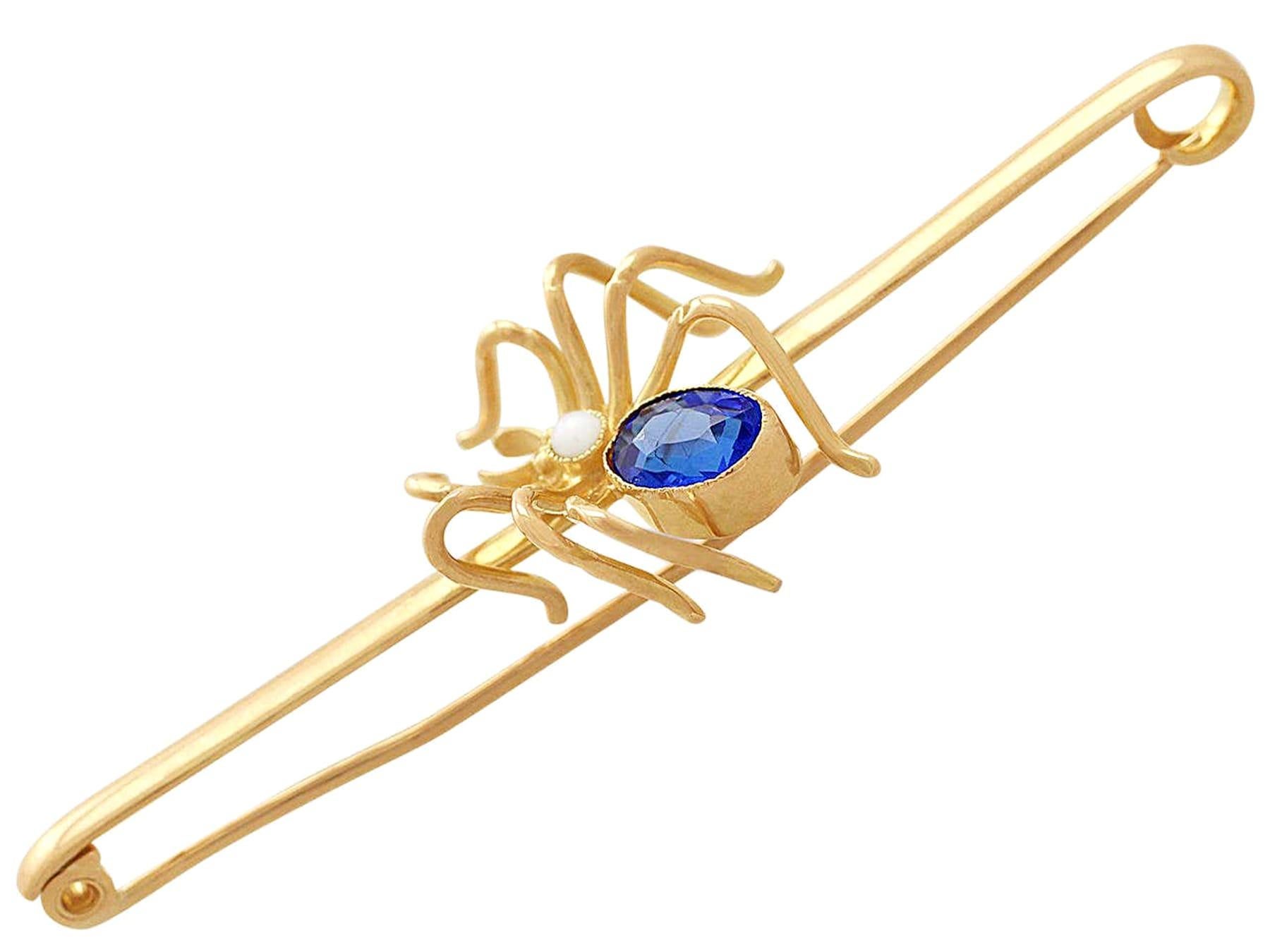 Antique 1890s Pearl and Blue Colored Glass Yellow Gold Spider Brooch In Excellent Condition For Sale In Jesmond, Newcastle Upon Tyne