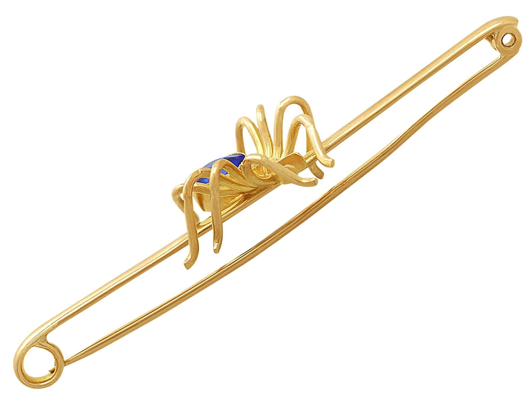 Women's or Men's Antique 1890s Pearl and Blue Colored Glass Yellow Gold Spider Brooch For Sale