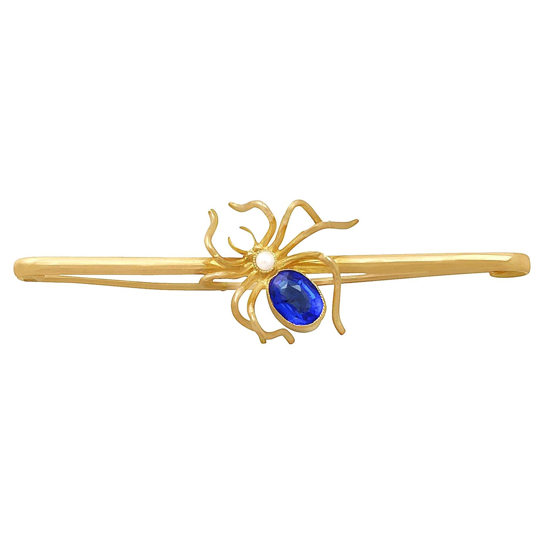 Antique 1890s Pearl and Blue Colored Glass Yellow Gold Spider Brooch