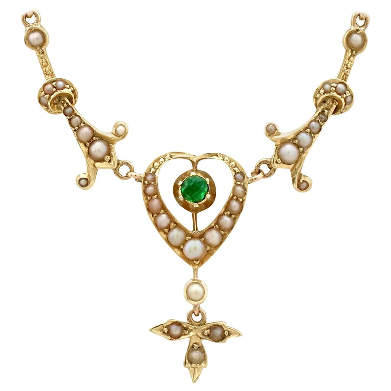 Antique 1890s Peridot and Seed Pearl Yellow Gold Necklace