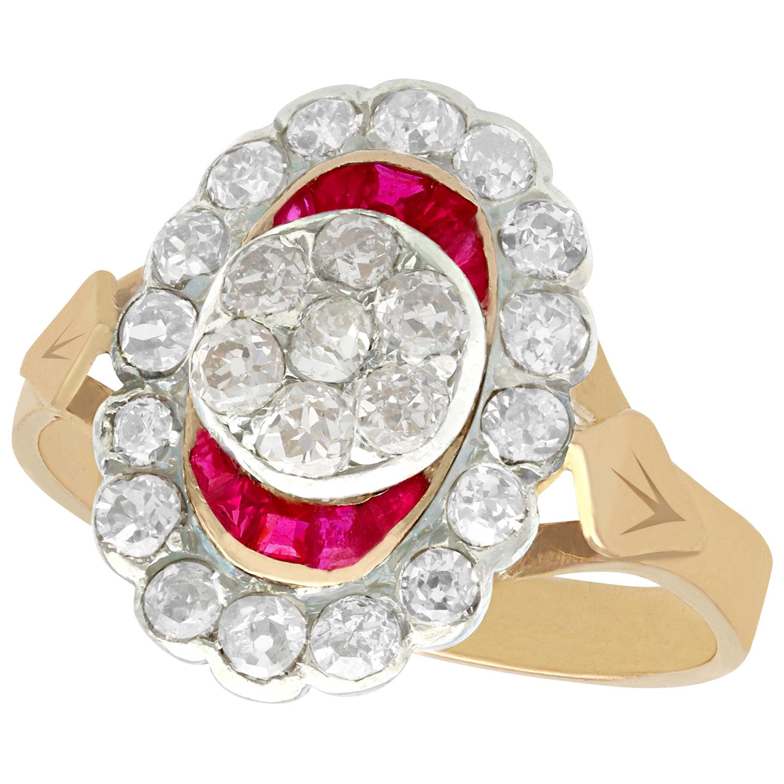 Antique 1890s Ruby and 1.32 Carat Diamond Yellow Gold Cocktail Ring