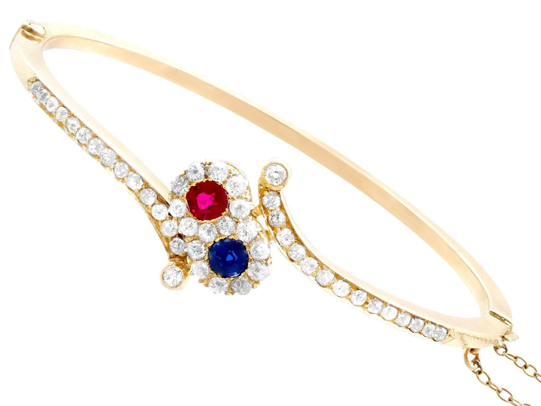 Antique 1890s Ruby and Sapphire 1.50 Carat Diamond and Yellow Gold Bangle In Excellent Condition For Sale In Jesmond, Newcastle Upon Tyne