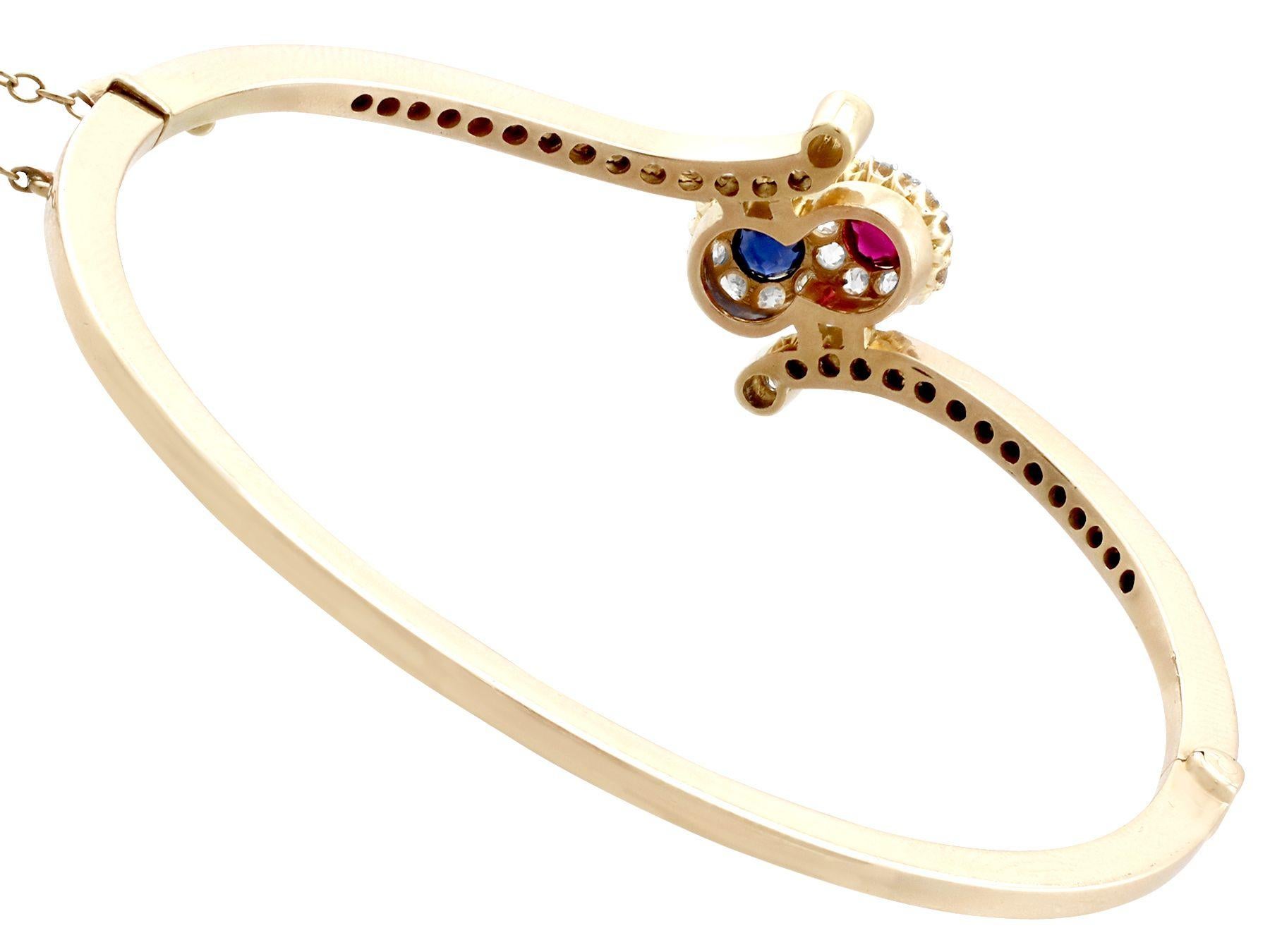 Women's Antique 1890s Ruby and Sapphire 1.50 Carat Diamond and Yellow Gold Bangle For Sale