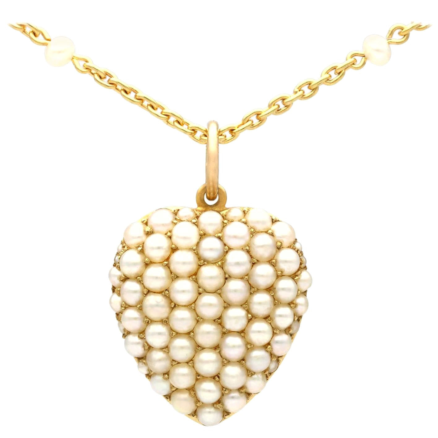 Antique 1890s Seed Pearl Yellow Gold Heart-Shaped Pendant