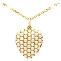 Antique 1890s Seed Pearl Yellow Gold Heart-Shaped Pendant
