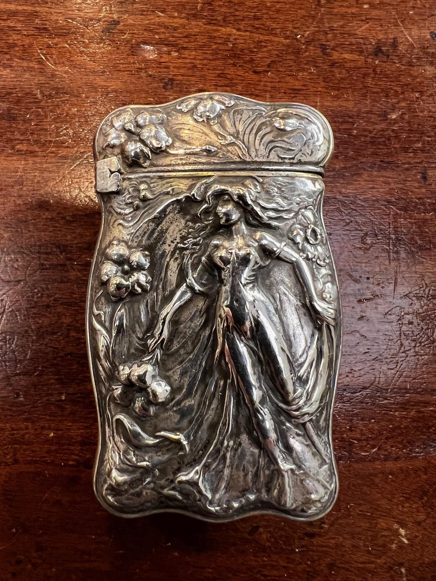 Antique 1890s Silver Art Nouveau Lady Repousse Match Safe   In Good Condition For Sale In Stamford, CT