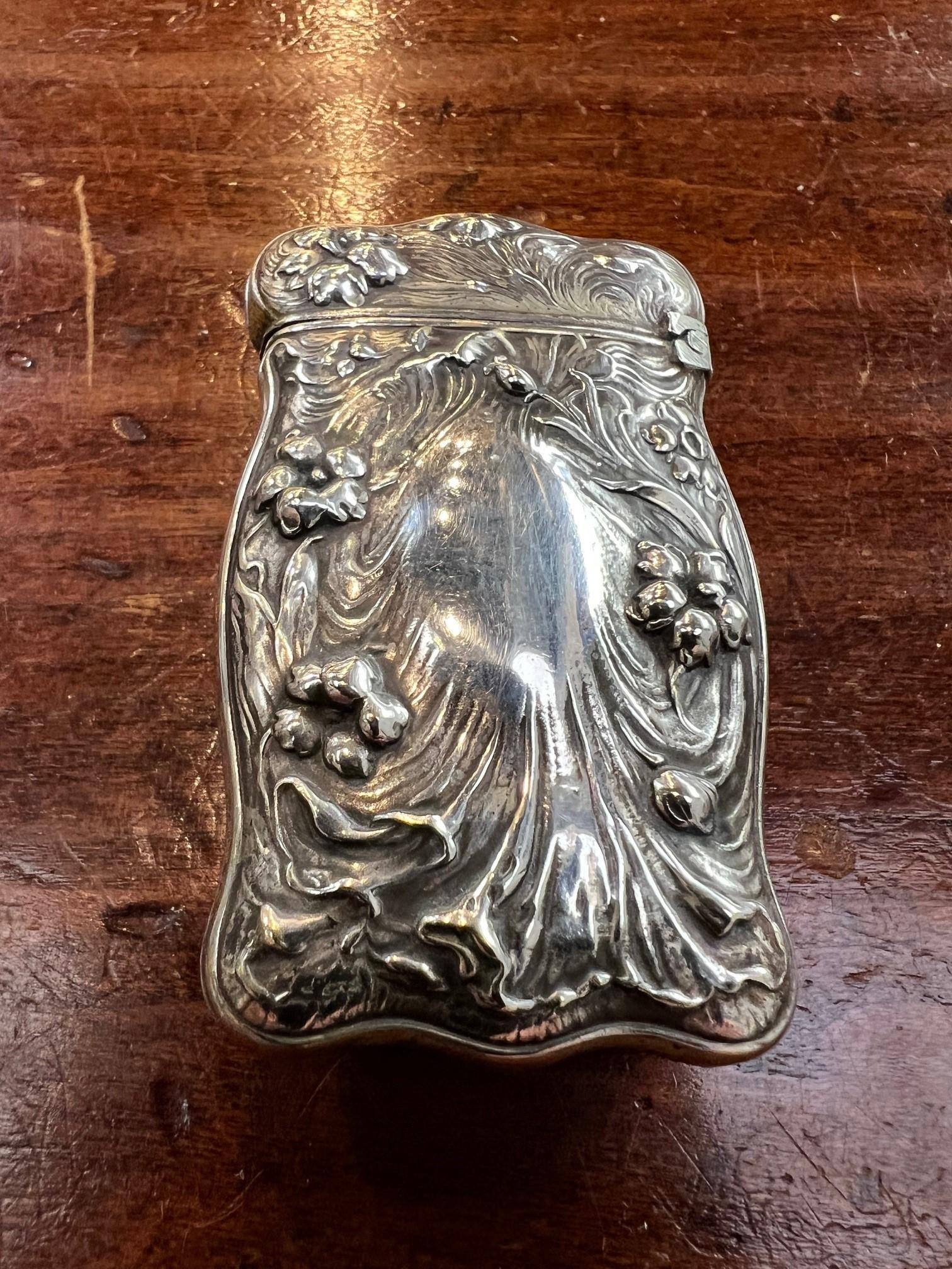 Antique 1890s Silver Art Nouveau Lady Repousse Match Safe   For Sale 1