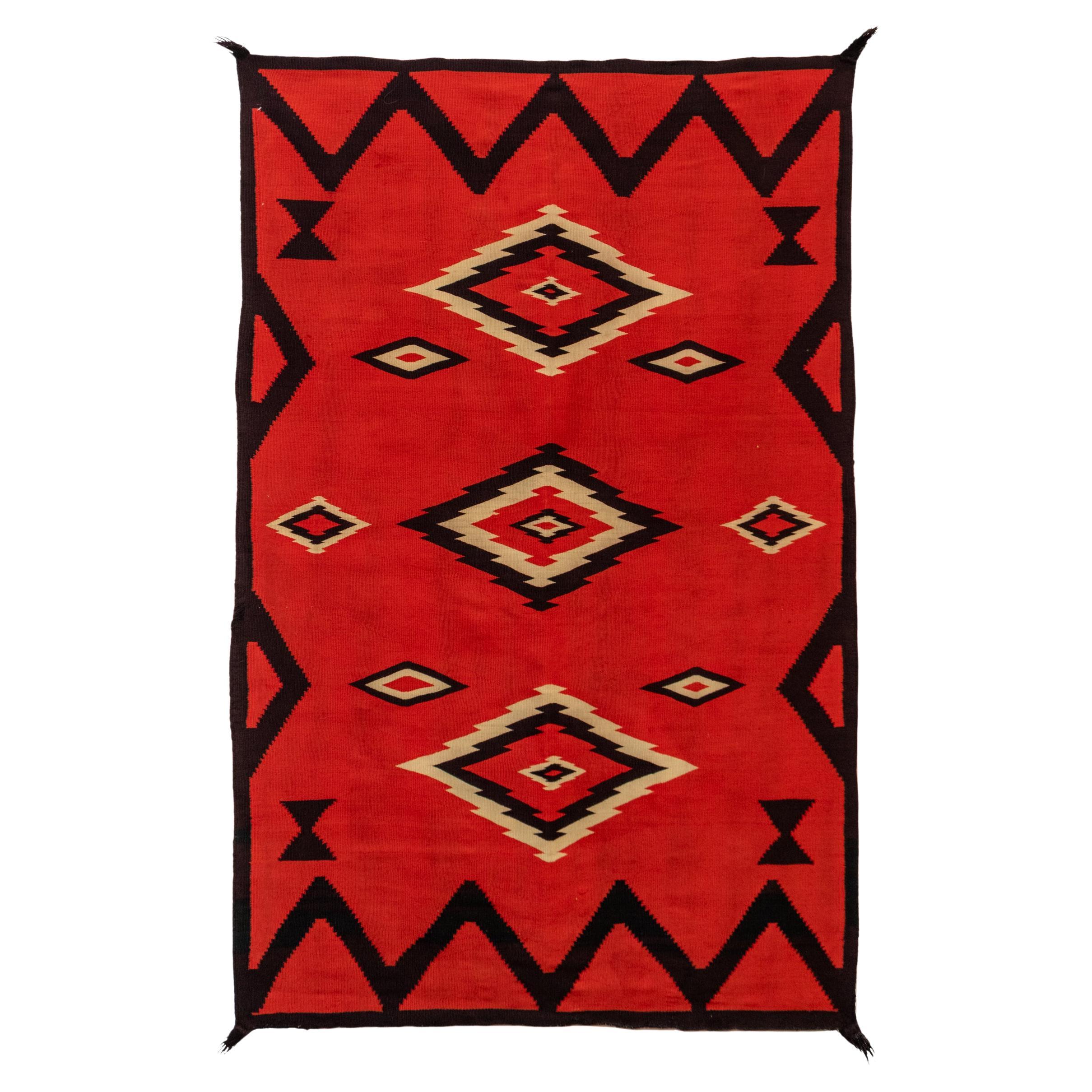 Antique 1890s Southwest Navajo Serape Textile Rug - Wool Dyed Red, Blue, Yellow