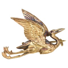 Antique 1890s Stork Brooch with Garnet Eye