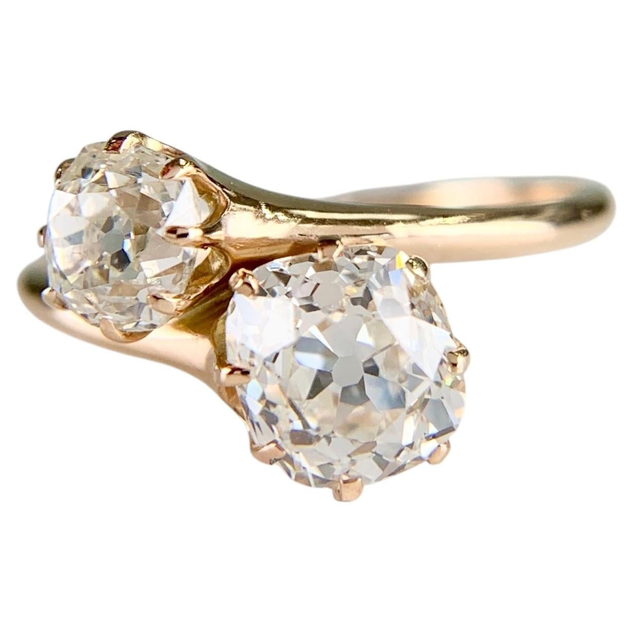 Antique 1890's Victorian Toi Et Moi Old Mine Cut Diamond Bypass Ring 14k Yellow