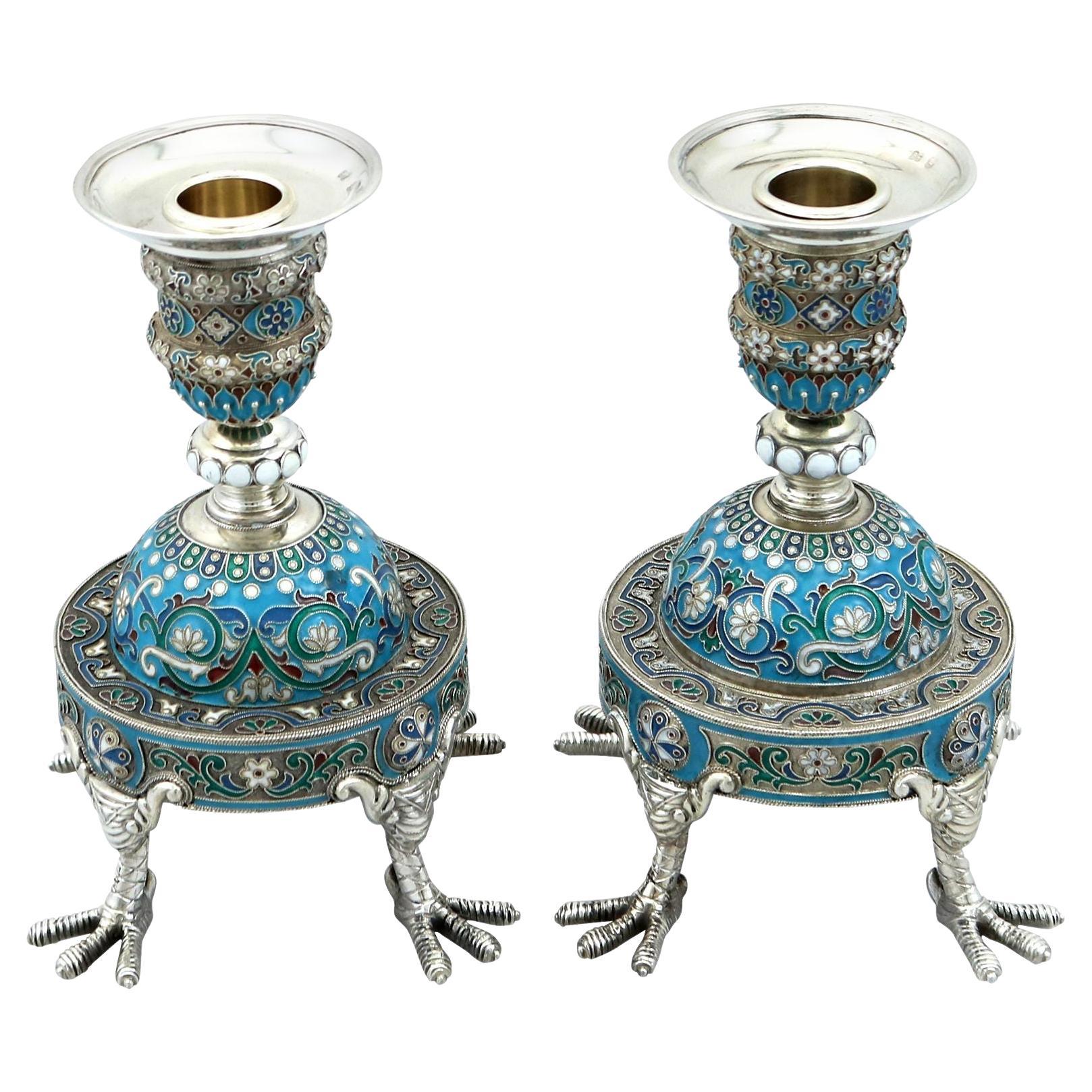 19th Century Russian Silver and Polychrome Cloisonne Enamel  Candle Holders