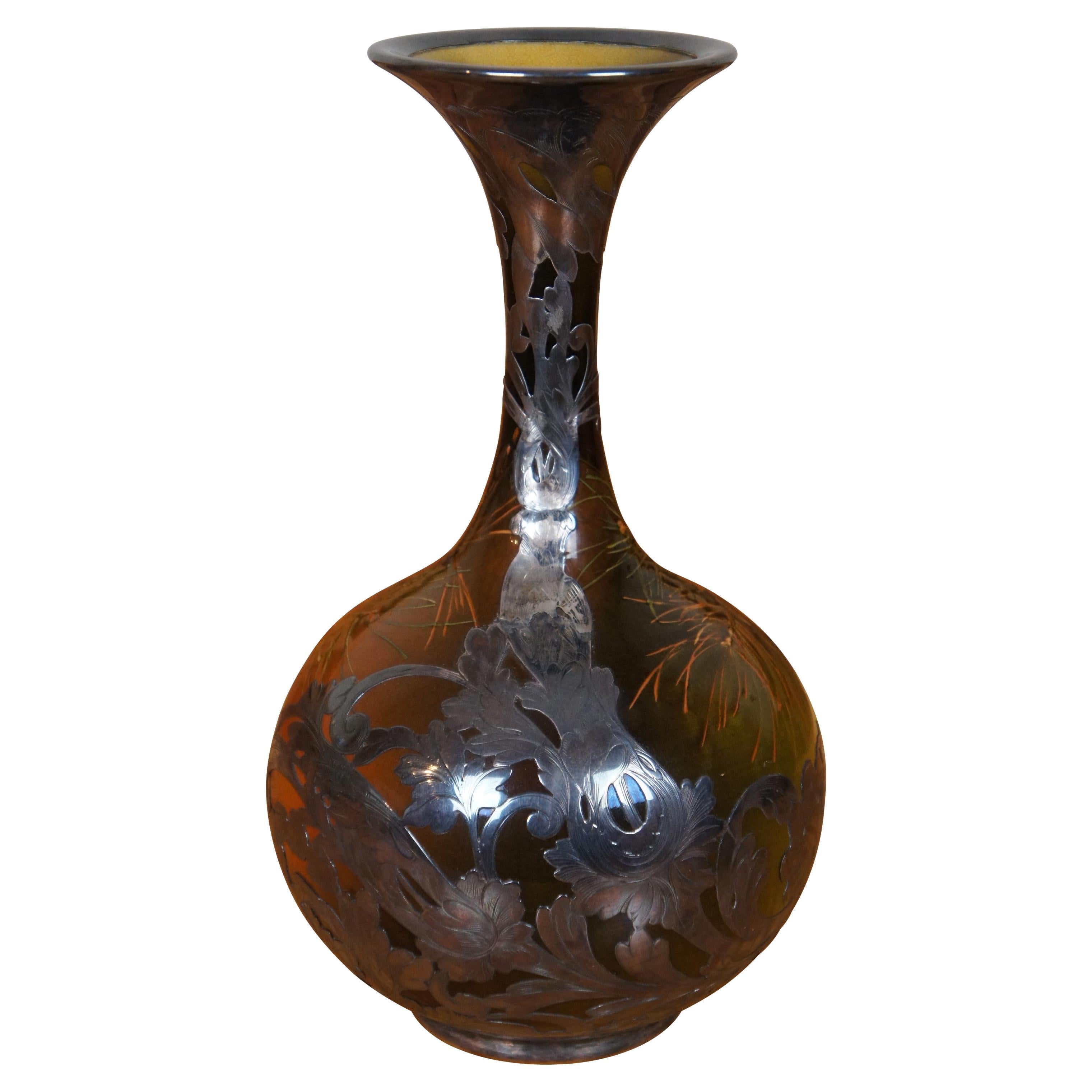 Antique 1893 Amelia Sprague Rookwood Gorham Sterling Silver Overlay Vase 12"