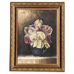Antique 1894 Still Life Oil Painting of Irises in Ornate Gilded Frame – Signed M