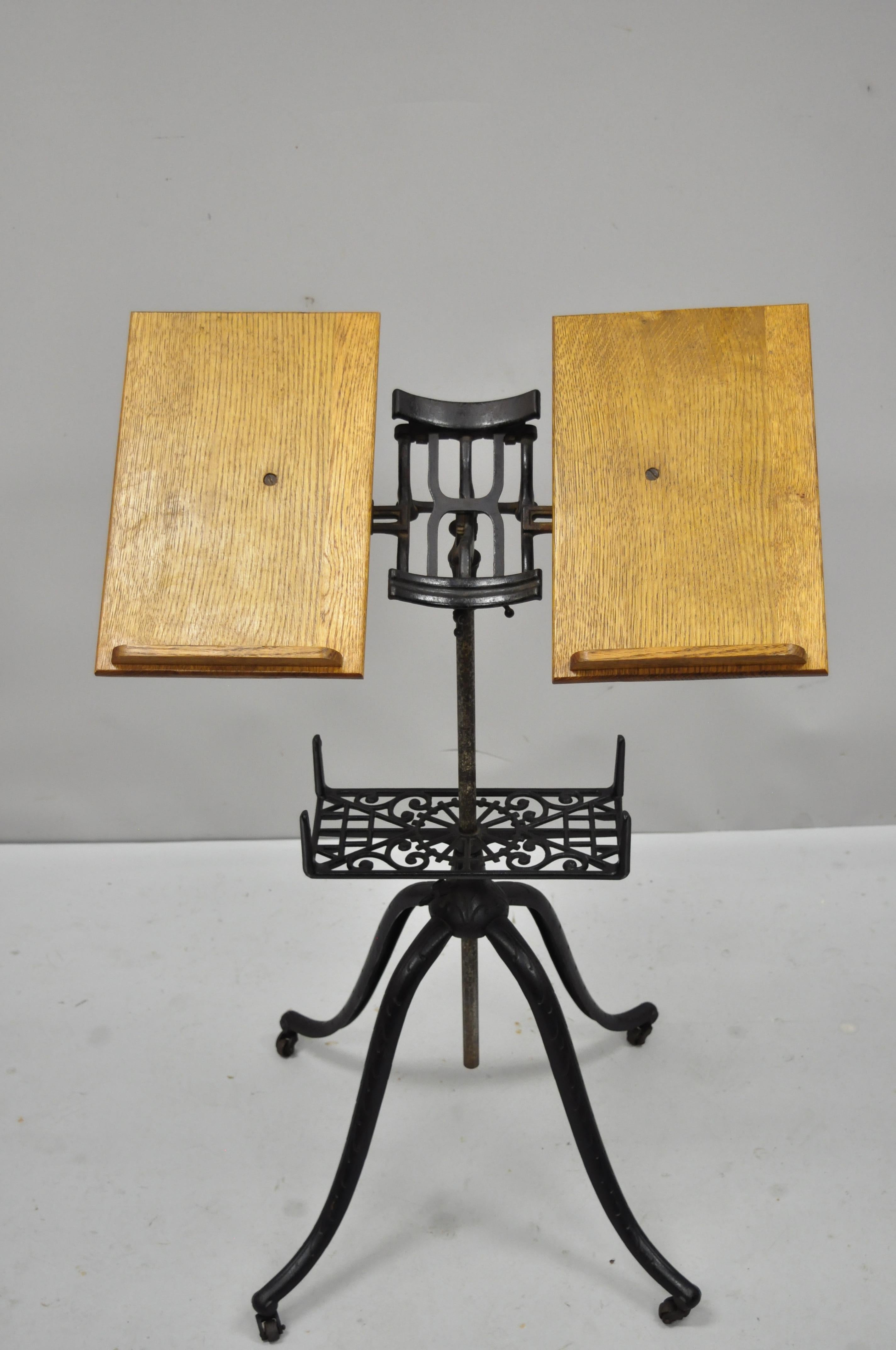 Antique 1895 Adjustable Cast Iron & Oak Bible Dictionary Book Music Stand Holder 1