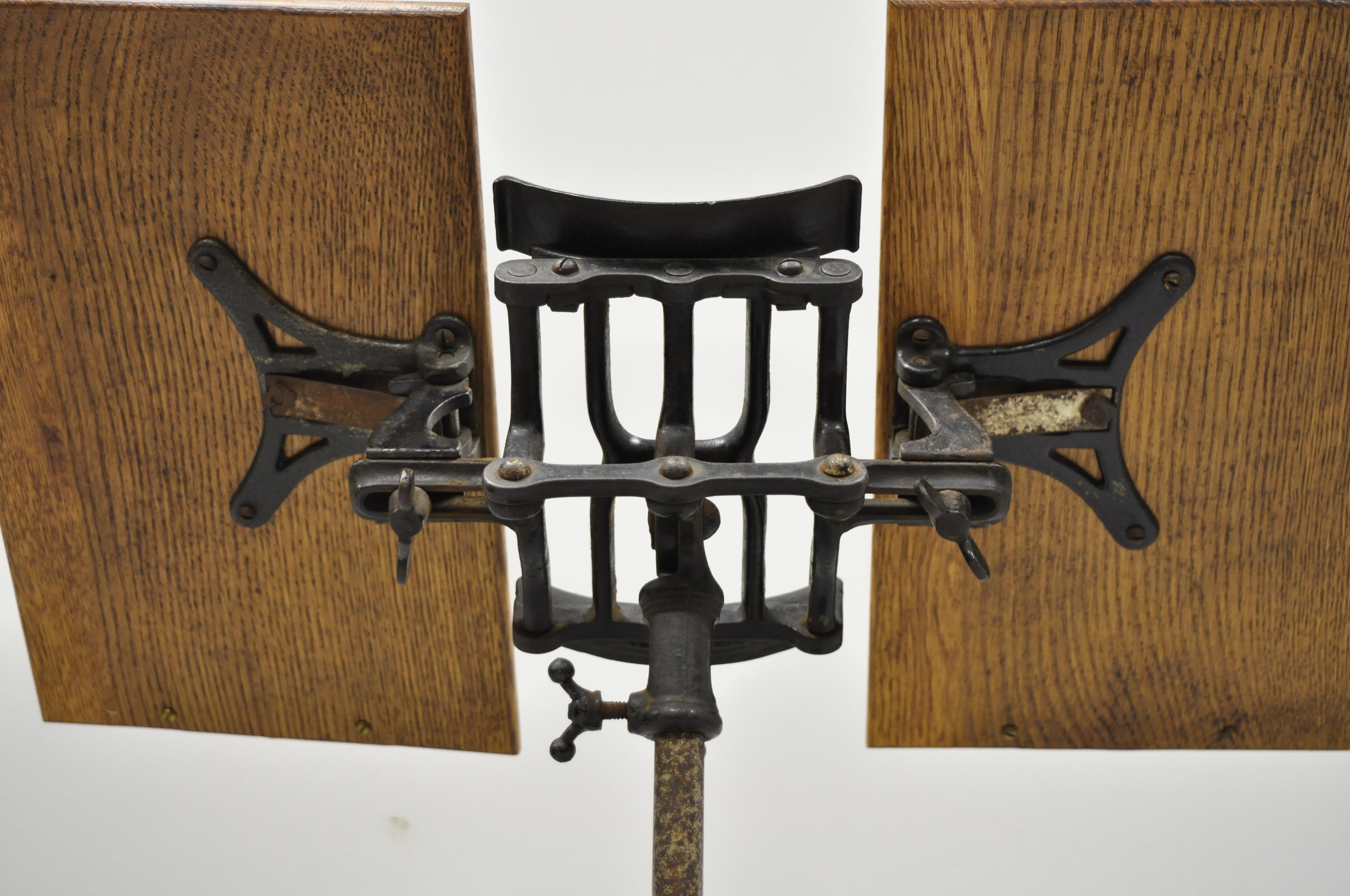 Antique 1895 Adjustable Cast Iron & Oak Bible Dictionary Book Music Stand Holder In Good Condition In Philadelphia, PA