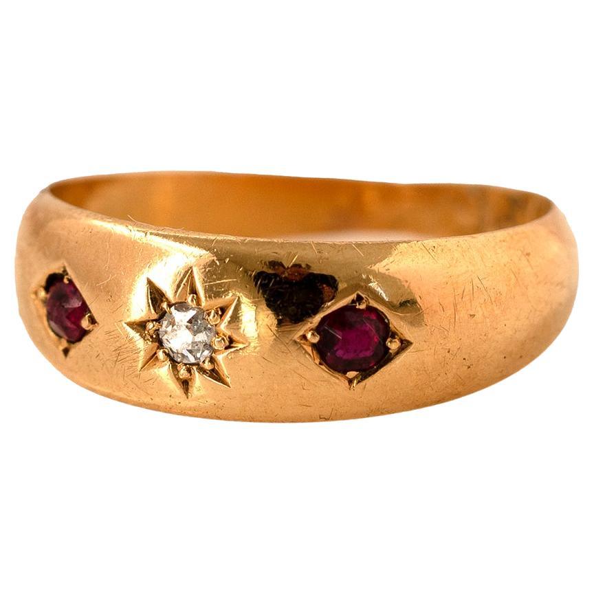 Bague tzigane ancienne en or 18ct de Birmingham (1895) avec rubis et diamants