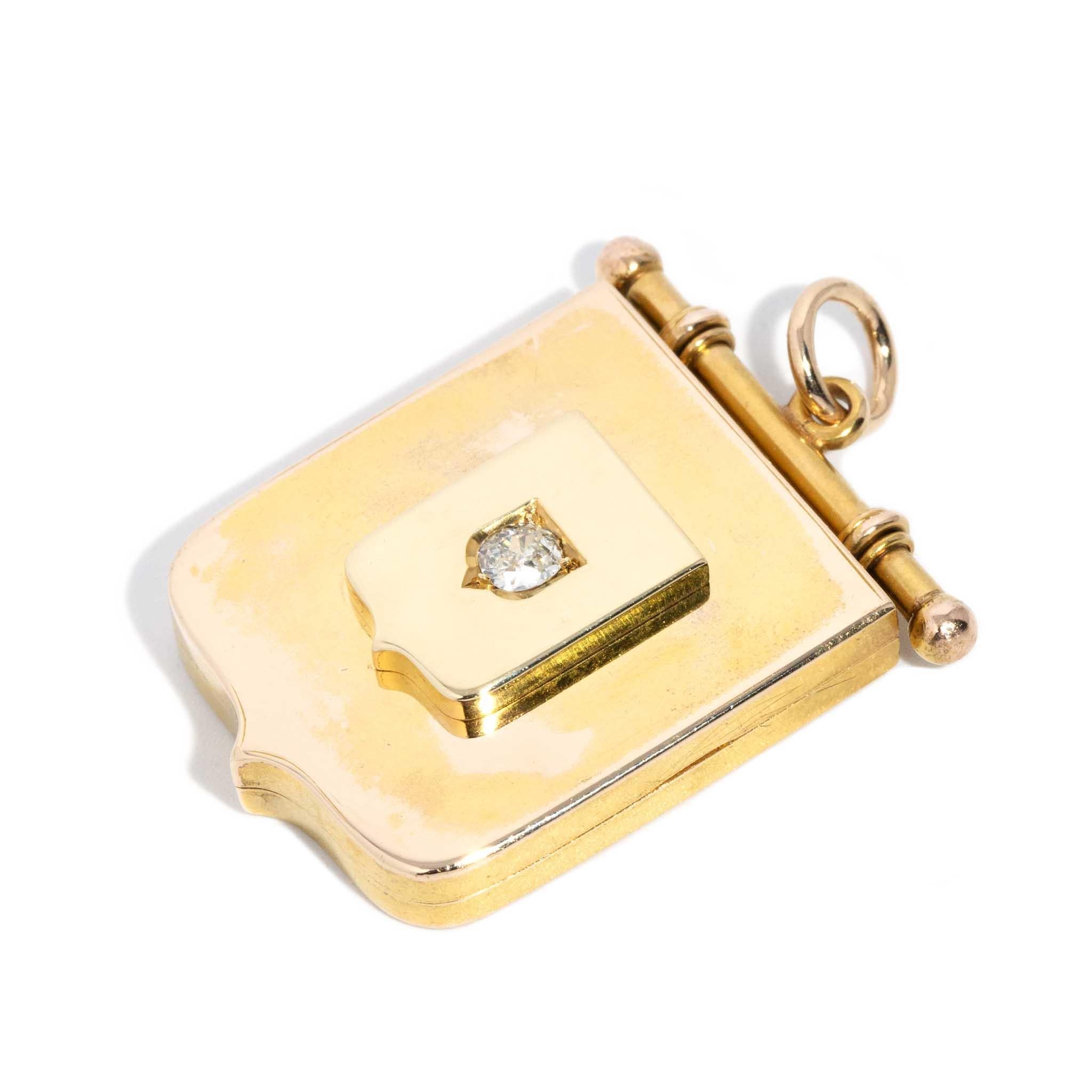 Late Victorian Antique 1895 Old Mine Cut Diamond Shield Award Locket 15 Carat Yellow Gold For Sale