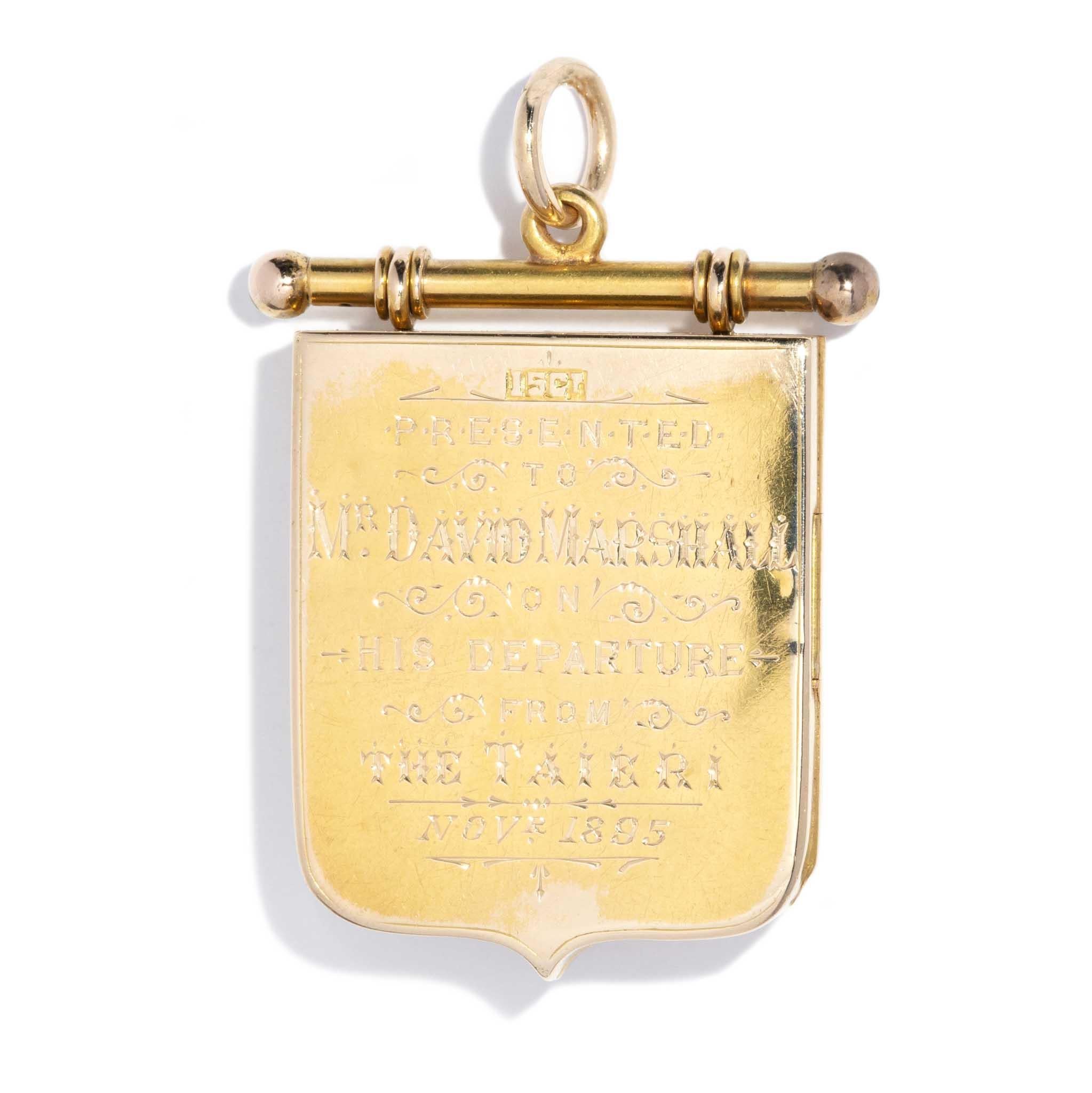 Antique 1895 Old Mine Cut Diamond Shield Award Locket 15 Carat Yellow Gold For Sale 3