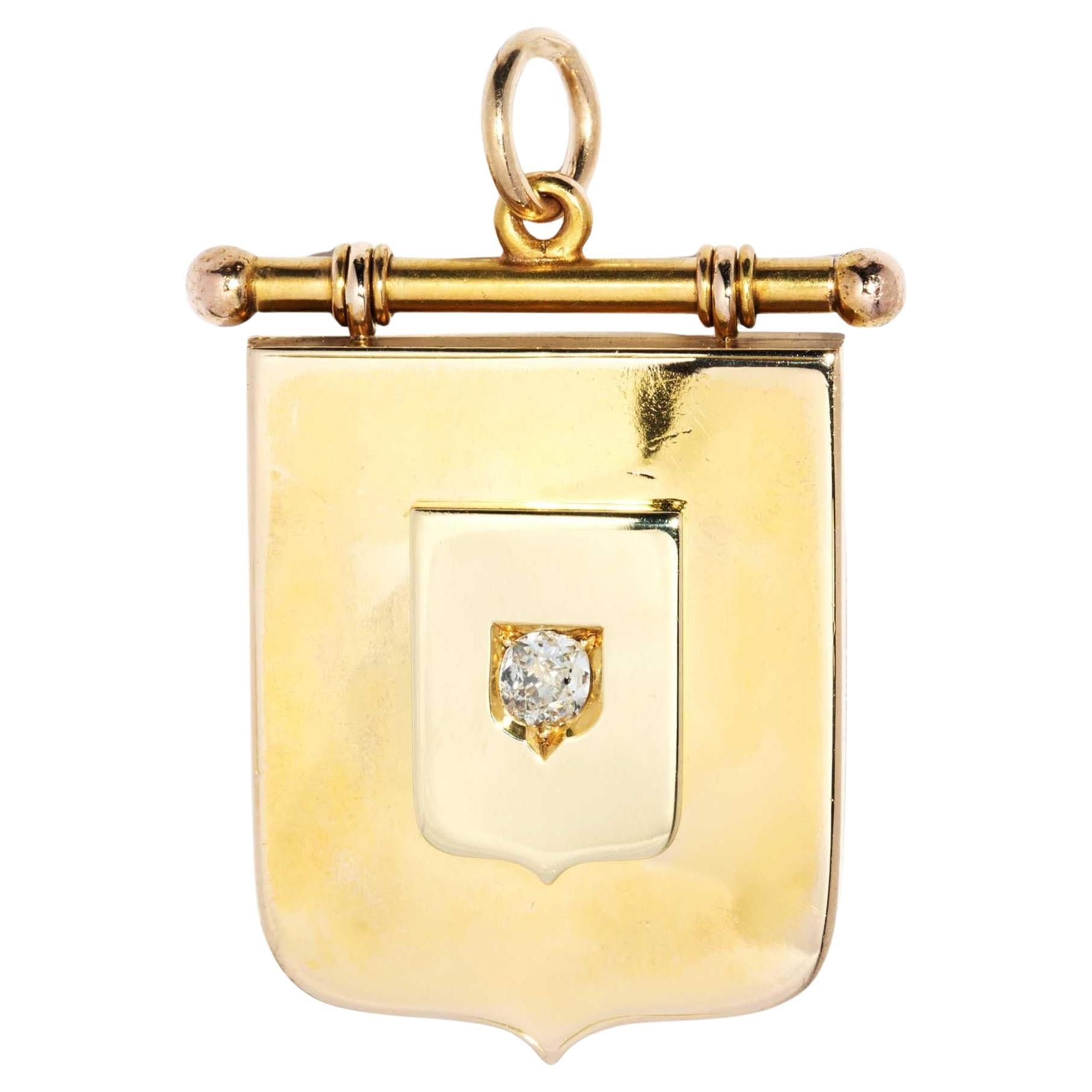 Antique 1895 Old Mine Cut Diamond Shield Award Locket 15 Carat Yellow Gold