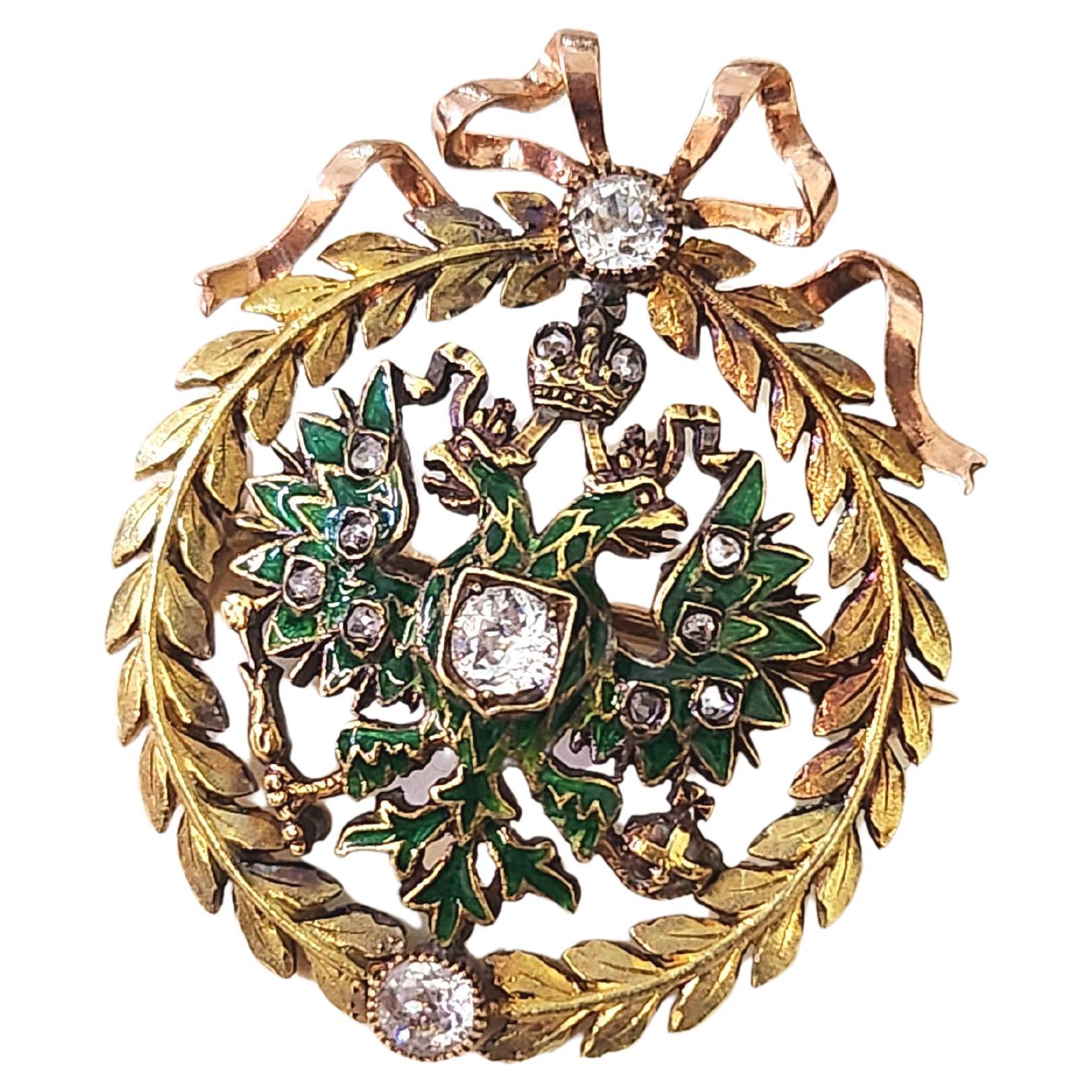 Antique 1896.C Imperial Russian Coat Of Arms Diamond Enamel Gold Brooch For Sale