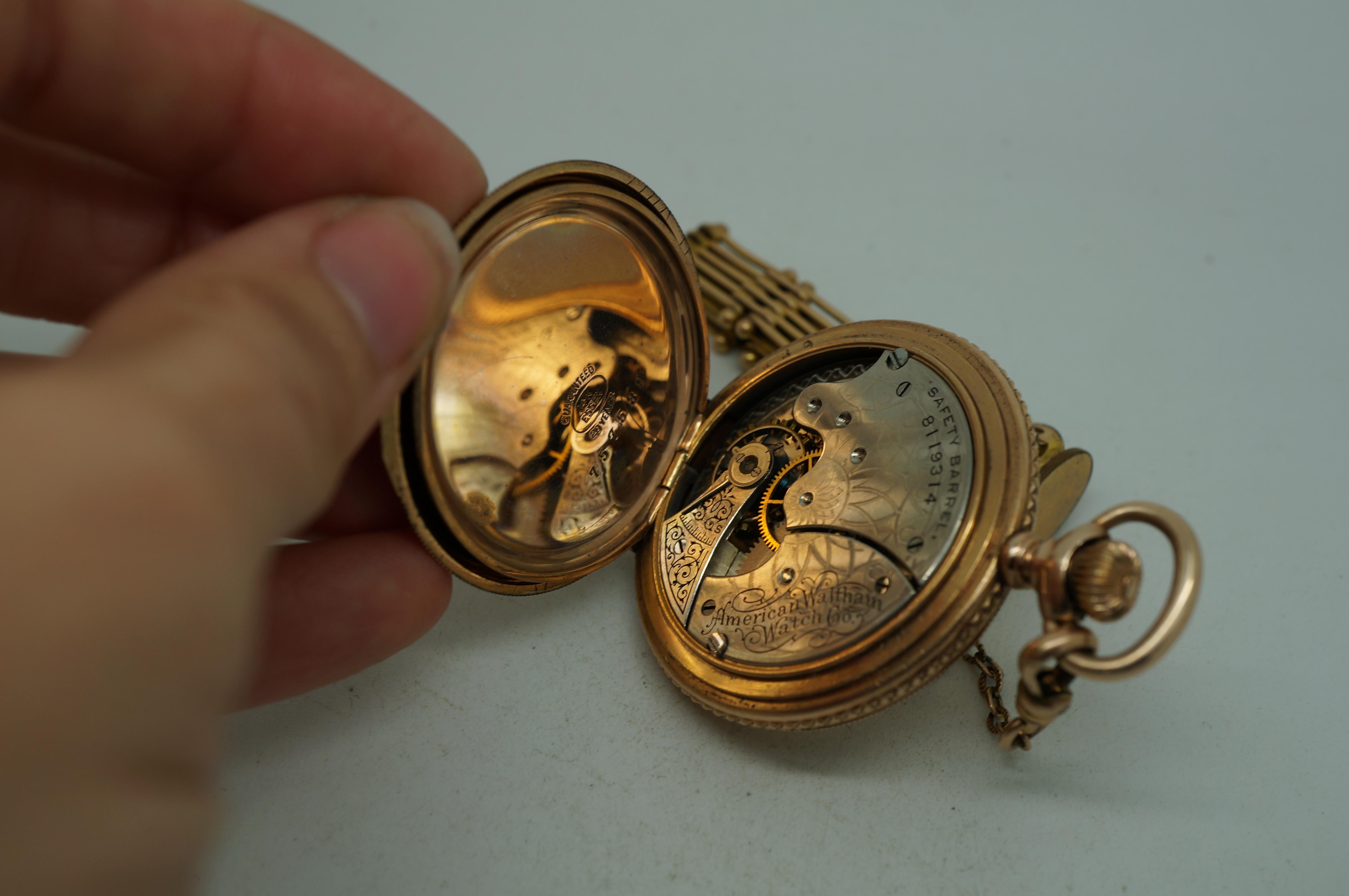 Antique 1897 American Waltham 14K Gold Seaside 7J 6s Pocket Watch & Chain For Sale 6