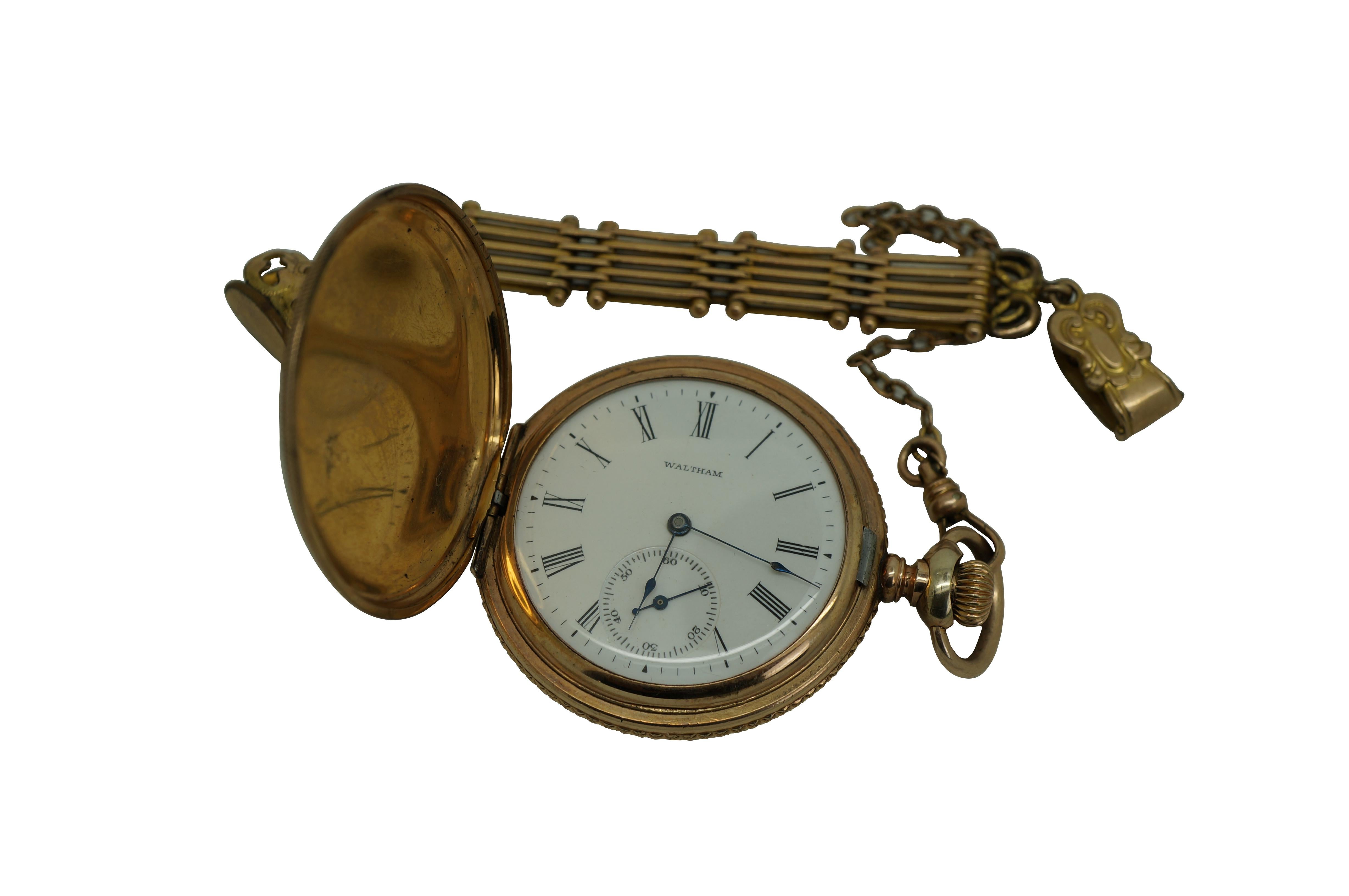 Victorian Antique 1897 American Waltham 14K Gold Seaside 7J 6s Pocket Watch & Chain For Sale