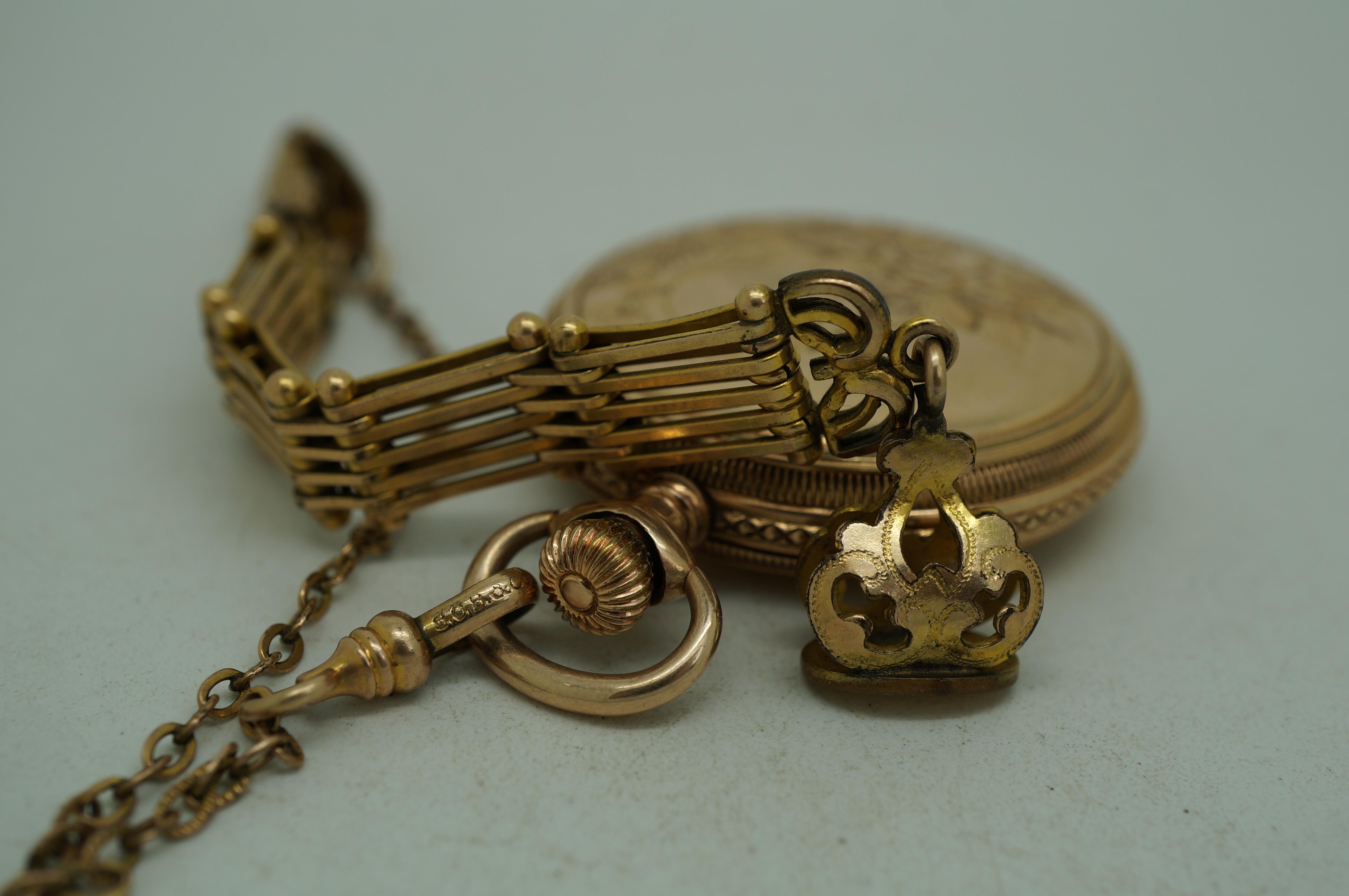 19th Century Antique 1897 American Waltham 14K Gold Seaside 7J 6s Pocket Watch & Chain For Sale
