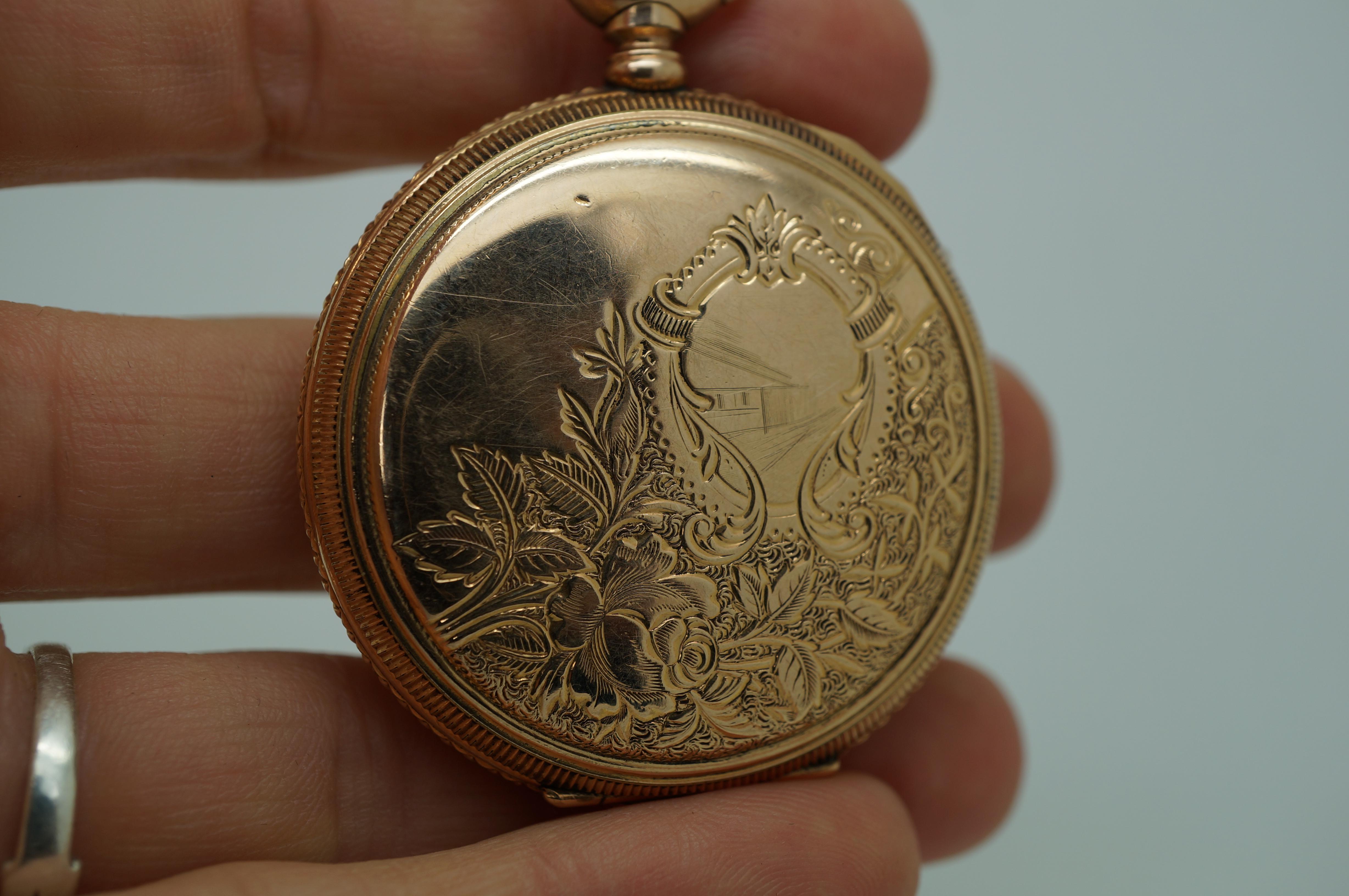 Antique 1897 American Waltham 14K Gold Seaside 7J 6s Pocket Watch & Chain For Sale 2