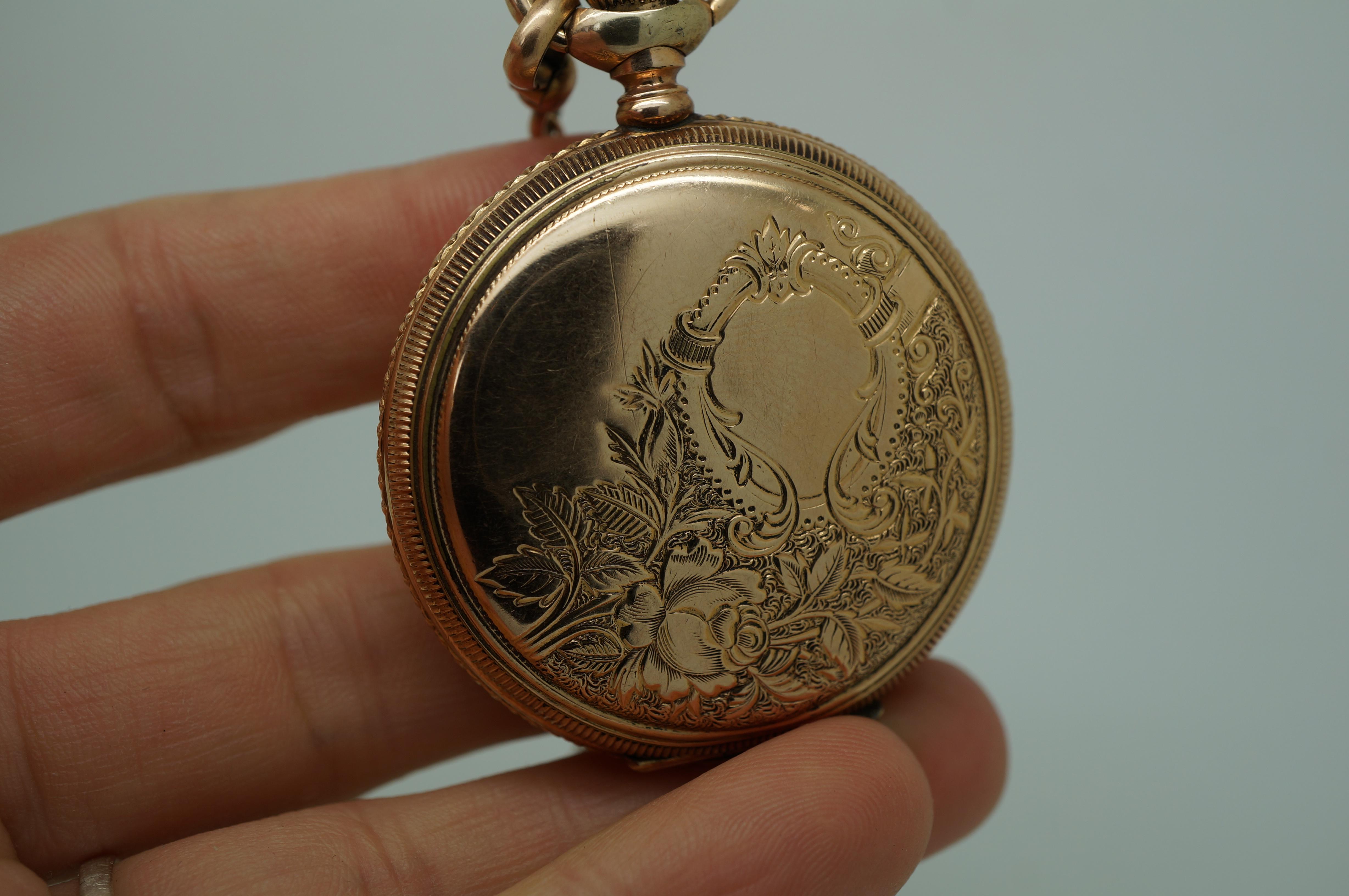 Antique 1897 American Waltham 14K Gold Seaside 7J 6s Pocket Watch & Chain For Sale 3