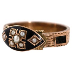 Ancienne bague de deuil en or 9ct et émail de 1897