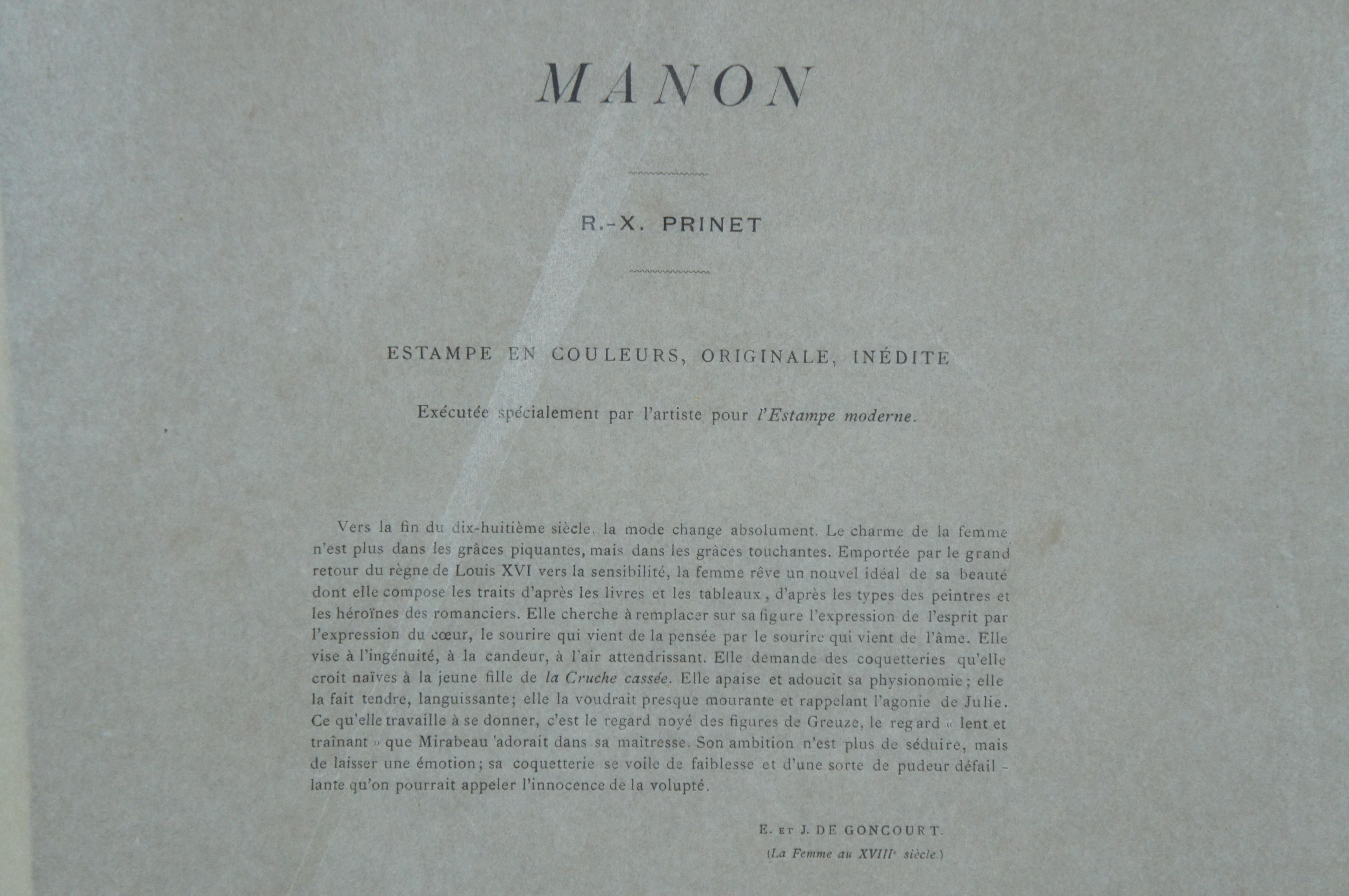 Antike 1898 Manon Französisch Rene Francois Xavier Prinet Lithographie drucken 20