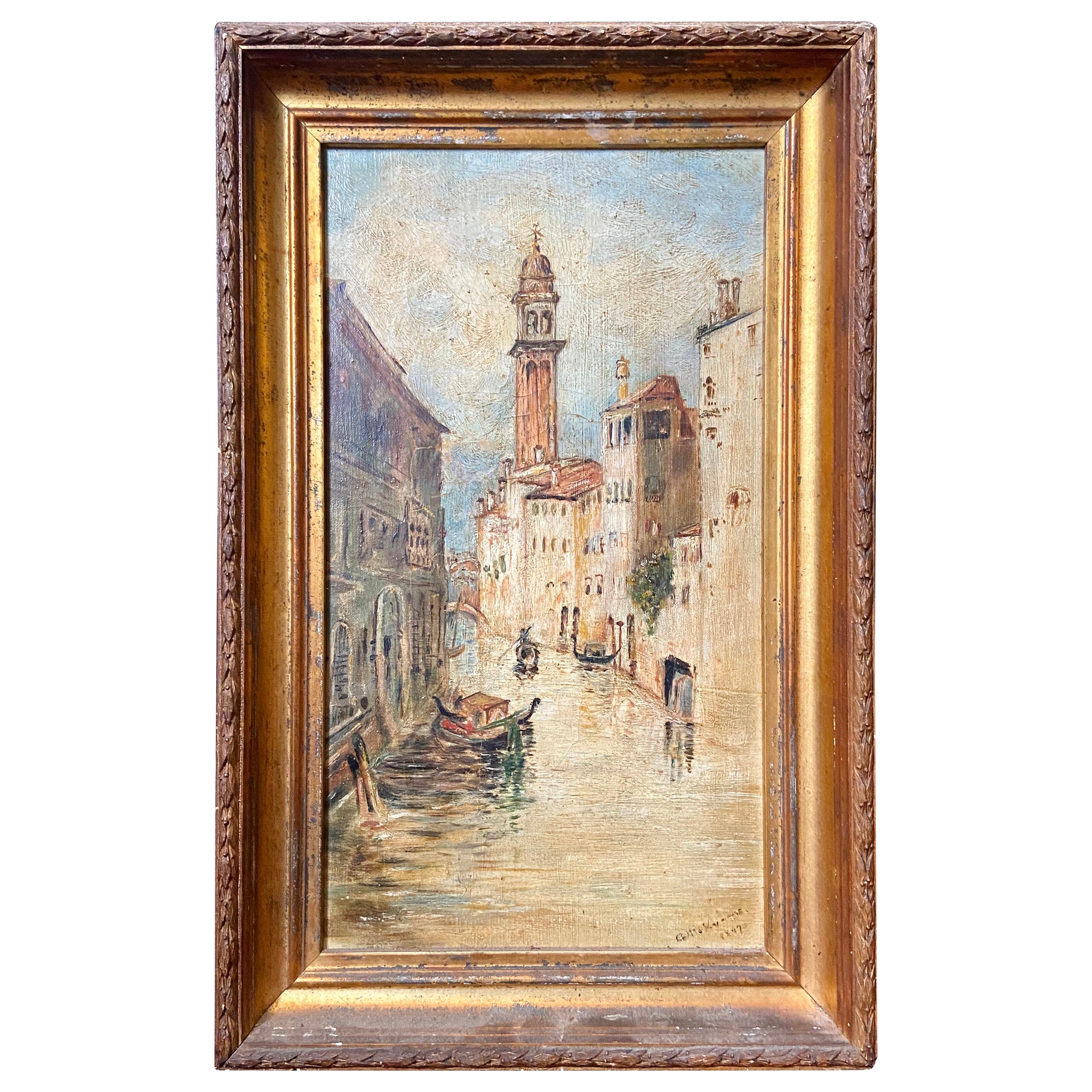 Antique 1899 Oil Painting San Giorgio Dei Greci Church Bell Tower Venice Italy For Sale