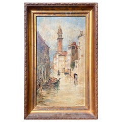 Antique 1899 Oil Painting San Giorgio Dei Greci Church Bell Tower Venice Italy