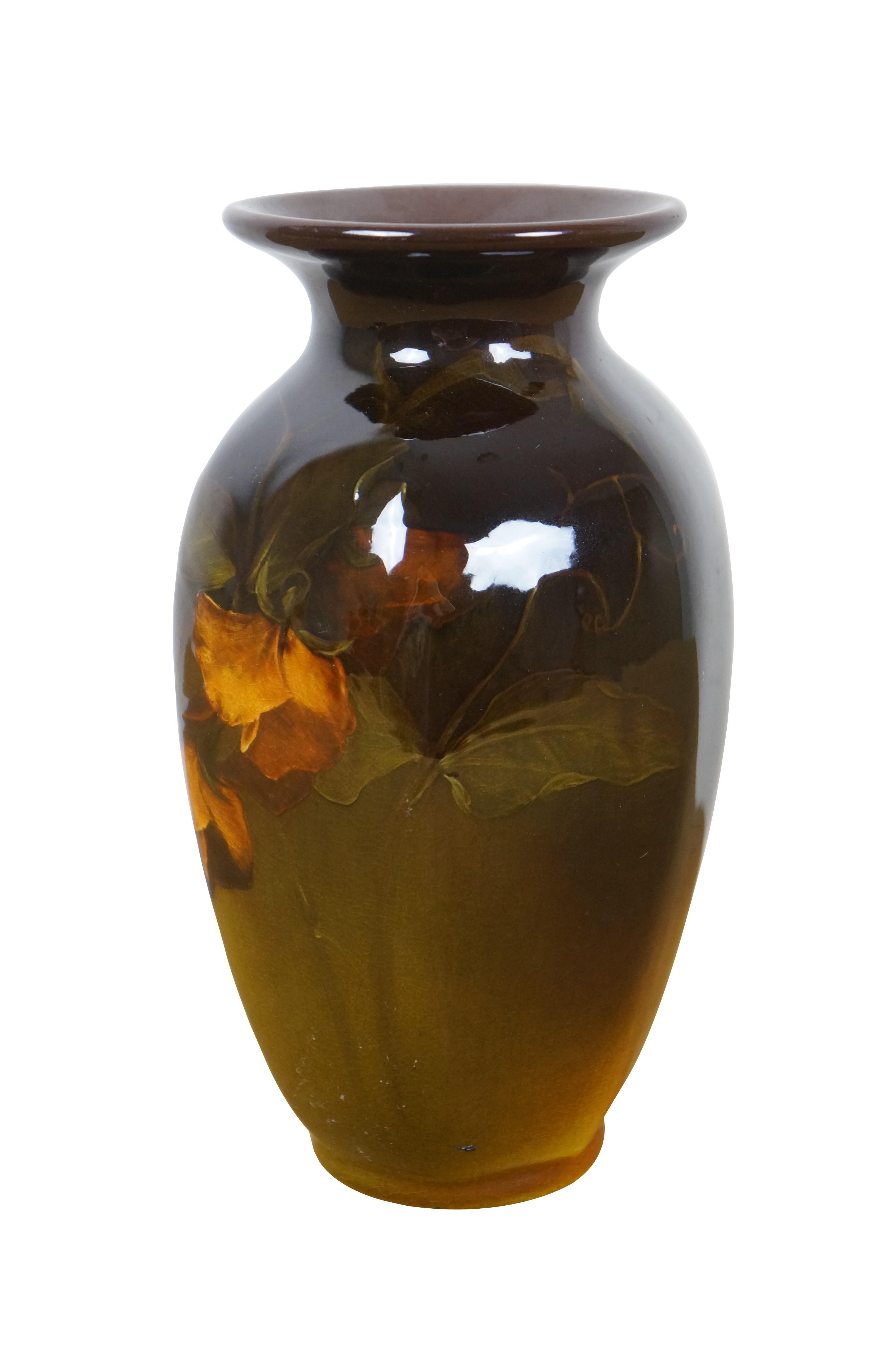 Victorien Antique 1899 Rookwood Pottery E.T. Hurley Orange Brown Floral Vase Urne 705 8