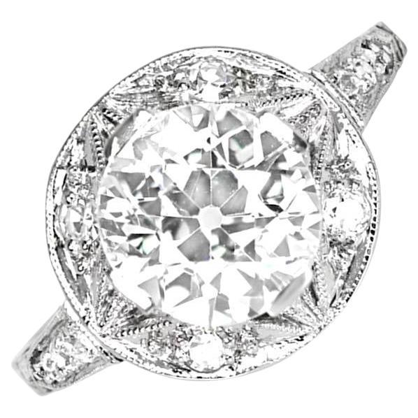 Antique 1.89ct Old Euro-Cut Diamond Ring, VS1 Clarity, Diamond Halo, Platinum
