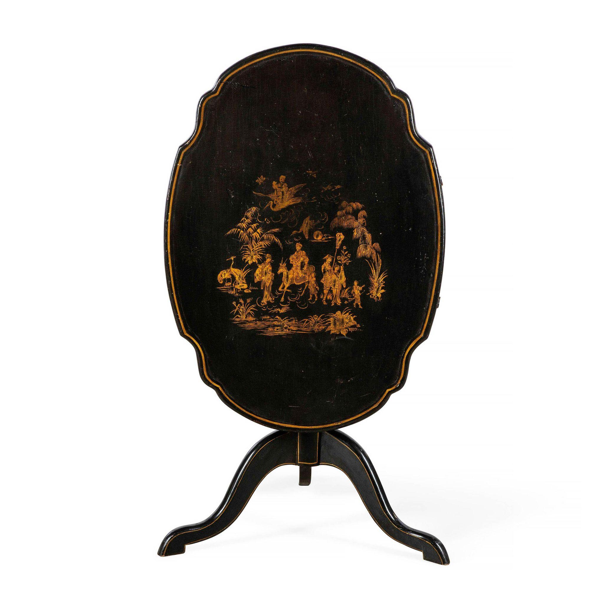 Antique Swedish Chinoiserie decorated tripod tilt top table

Additional information: 
Materials: Wood
Color: Black
Period: 18th Century
Place of Origin: Sweden
Styles: Chinoiserie
Table Shape: Other (unique shapes)
Item Type: Vintage,
