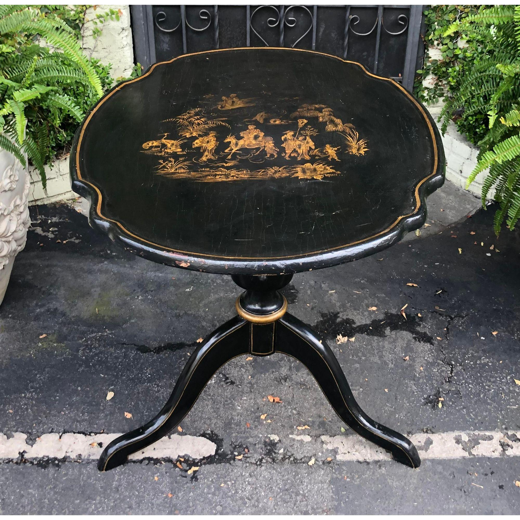 18th Century and Earlier Antique 18C Black & Gold Chinoiserie Decorated Tripod Tilt Top Table