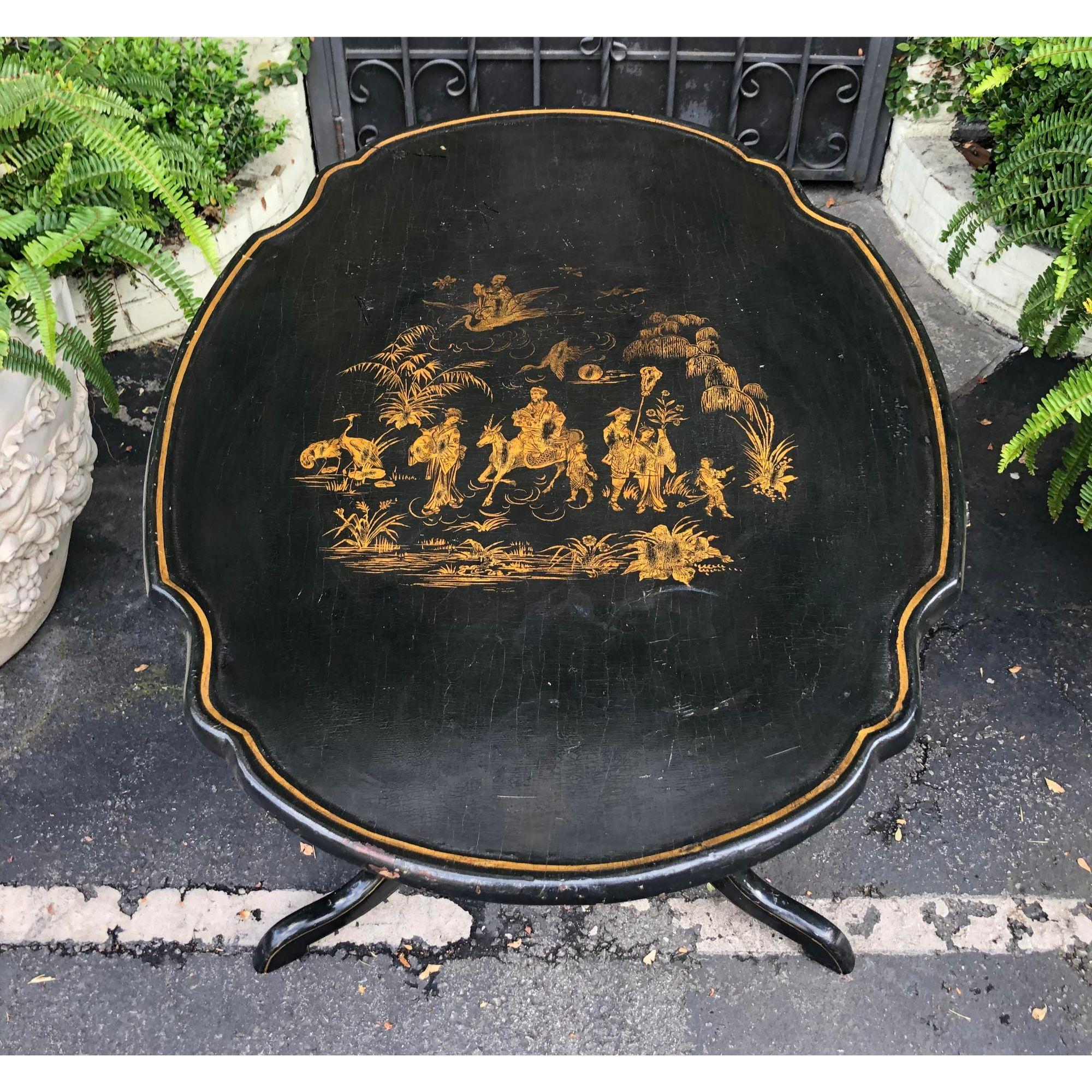Wood Antique 18C Black & Gold Chinoiserie Decorated Tripod Tilt Top Table