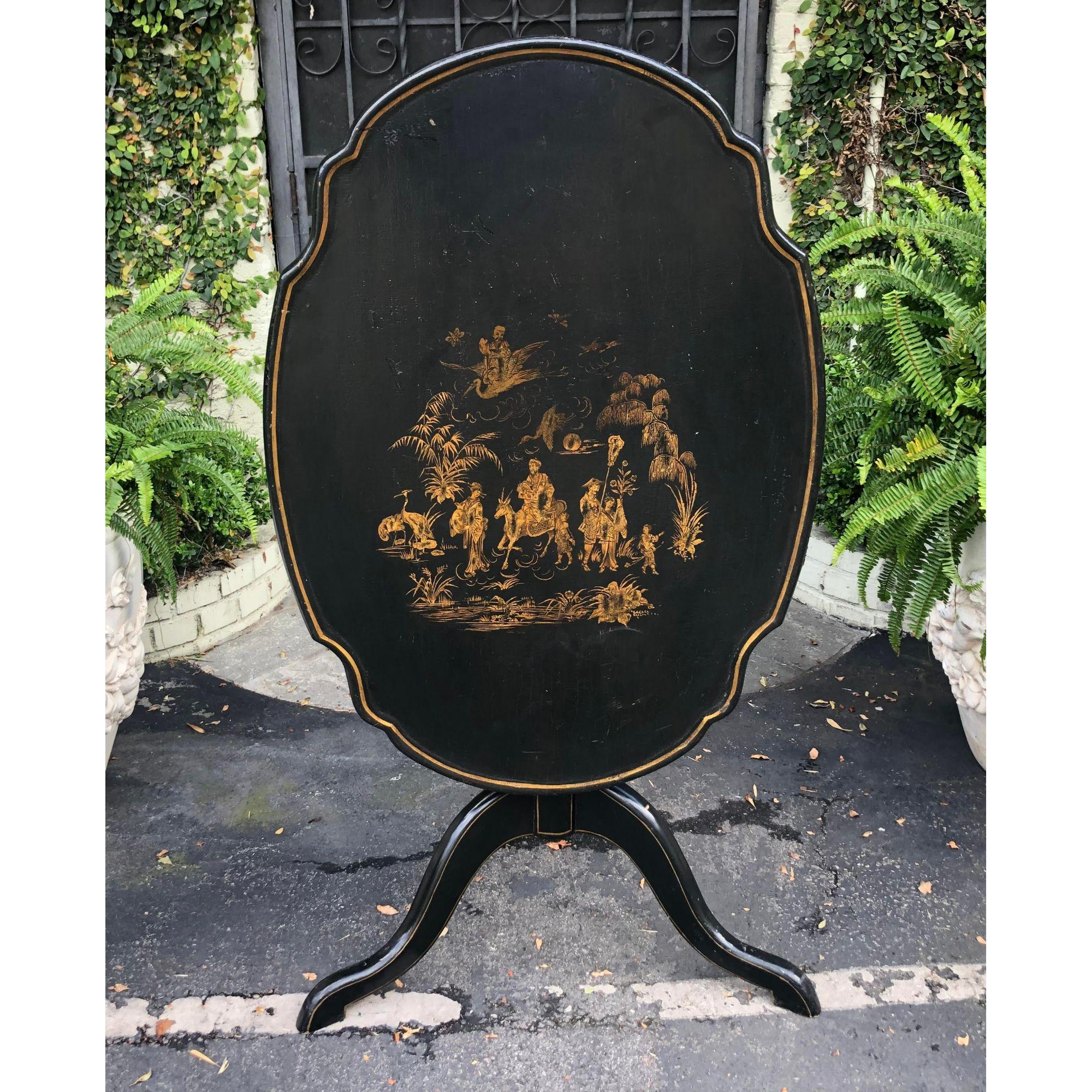 Antique 18C Black & Gold Chinoiserie Decorated Tripod Tilt Top Table 1
